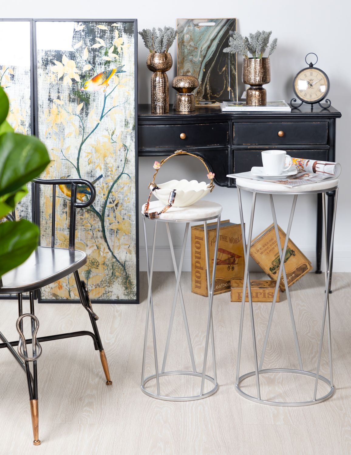 Столики приставные с белым мрамором, набор, Glasar 54-196/195