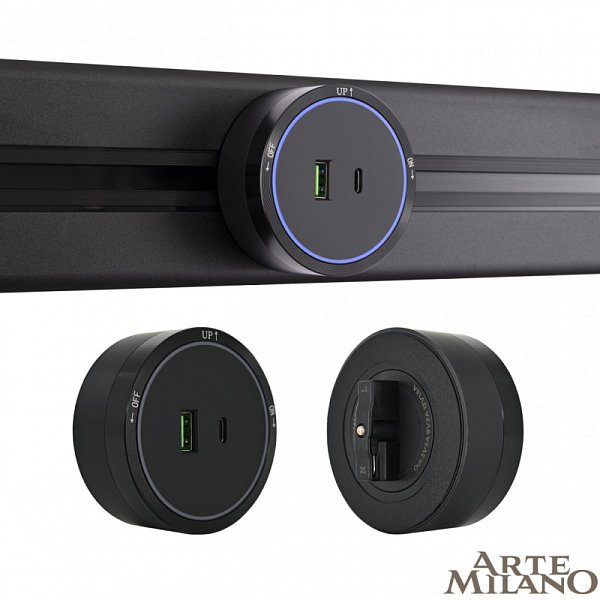 Трековая система розеток Arte Milano 380066TS LED/USB-Type-C Black