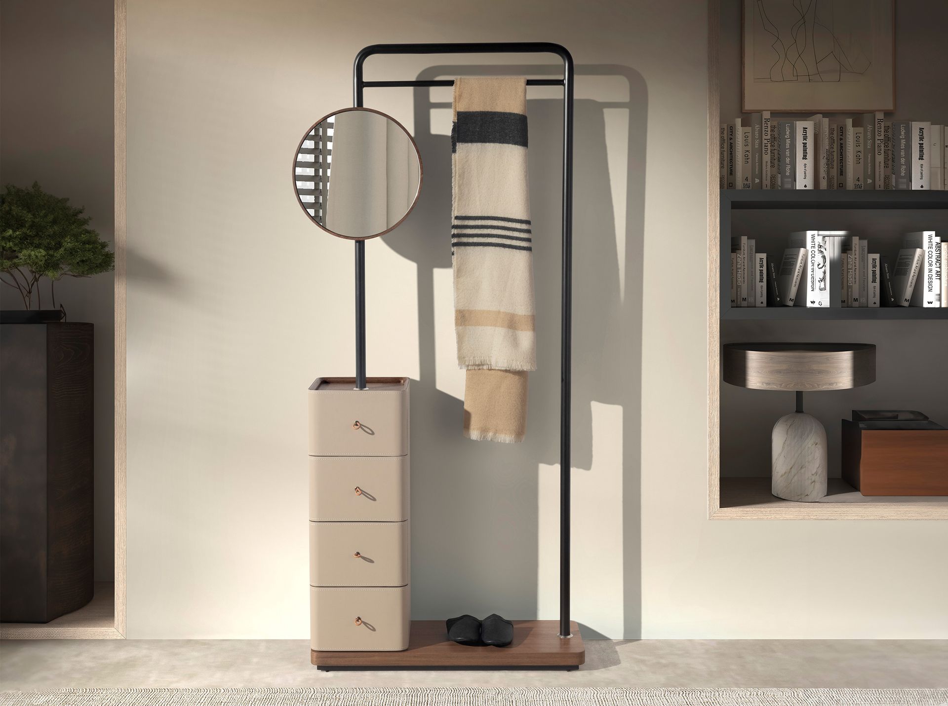 Вешалка для одежды 3281 из кожи, ореха и черной стали с зеркалом Angel Cerda