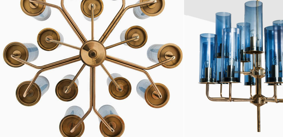 Люстра Hans-Agne Jakobsson Brass Blue Glass Tube Chandelier 6 Hans-Agne Jakobsson by ImperiumLoft