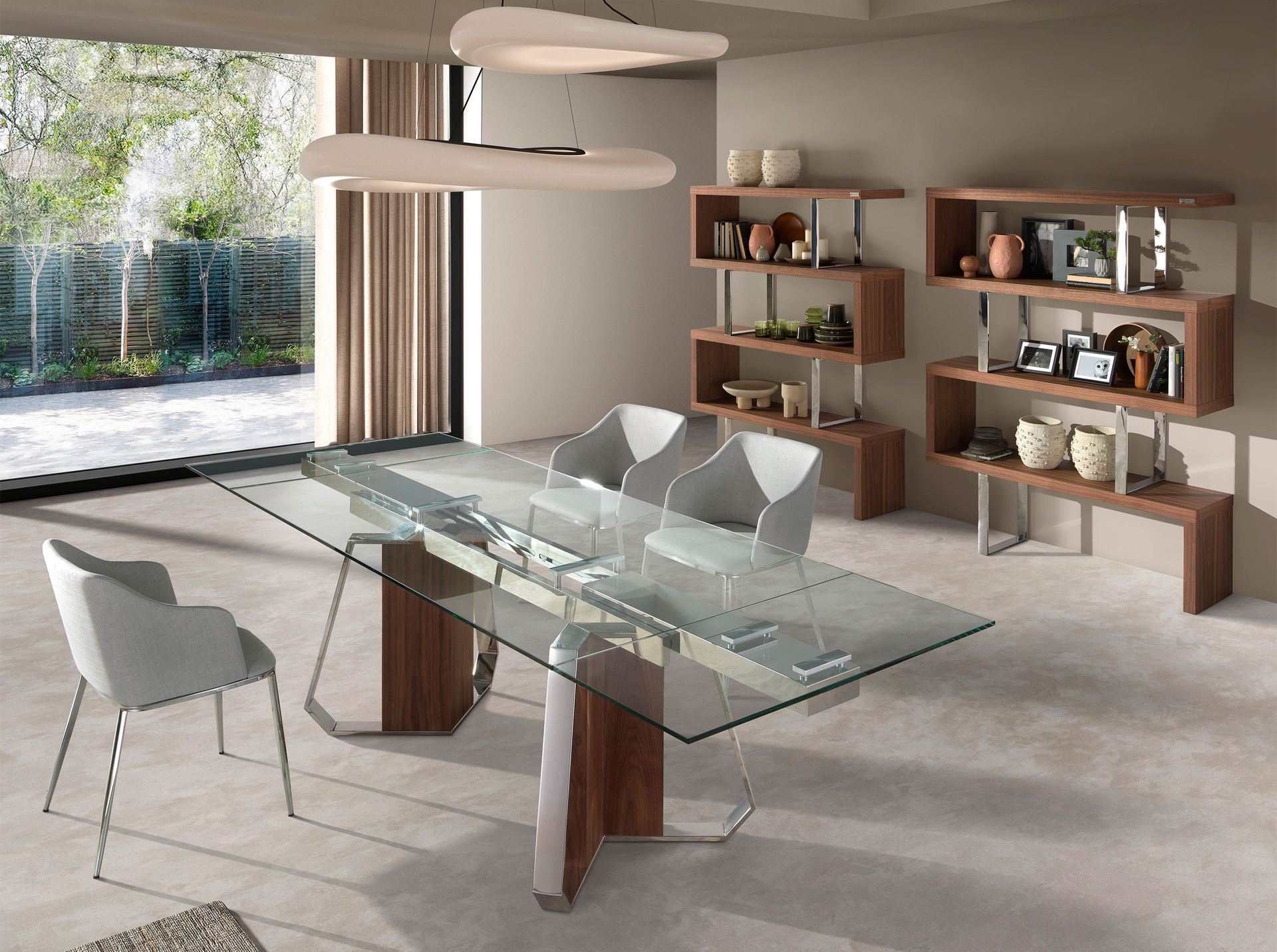 Раздвижной обеденный стол 1159 из стекла, ореха и хромированной стали Angel Cerda