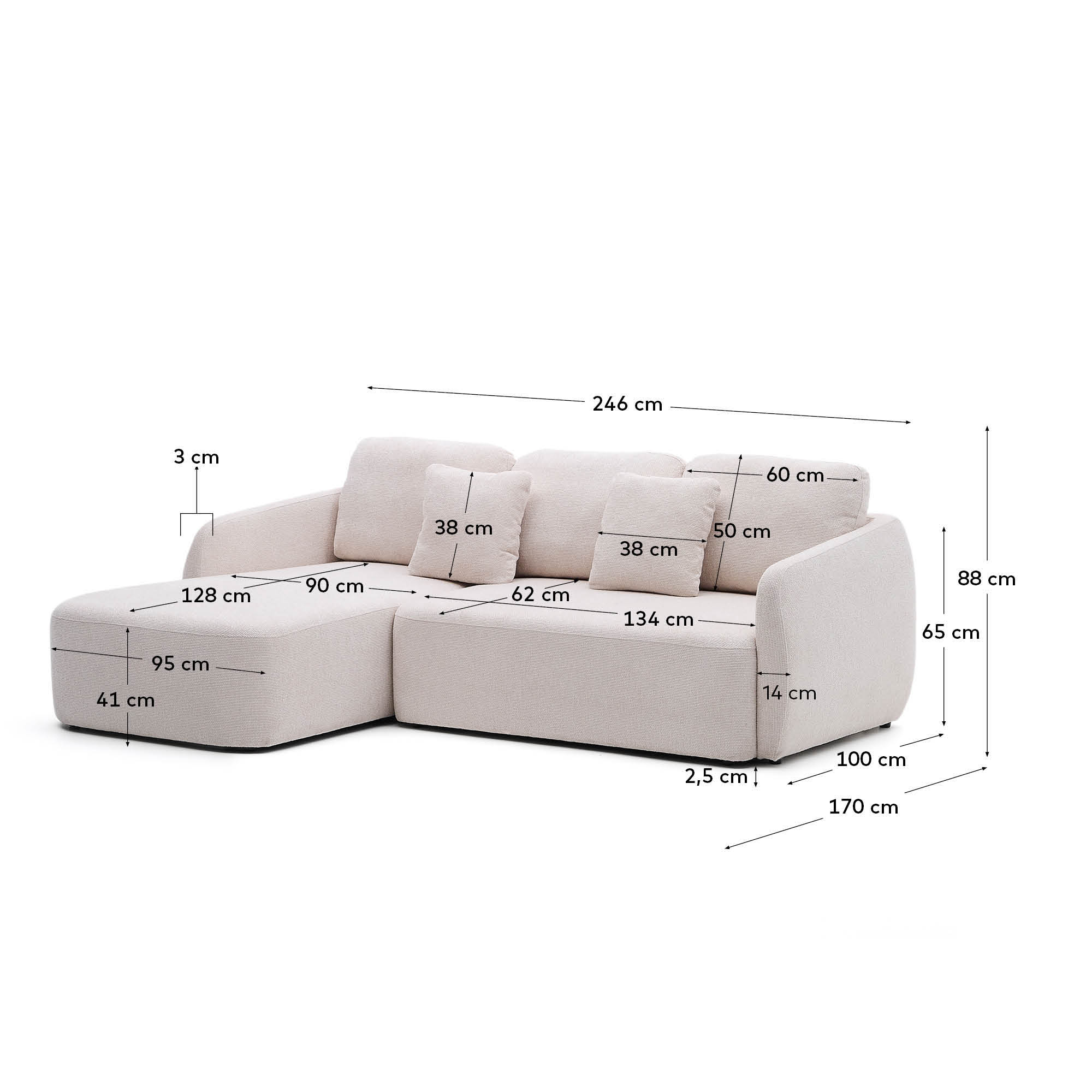 Laira 3-местный диван-кровать из шенилла с шезлонгом слева цвет экрю 246 см La Forma (ex Julia Grup)