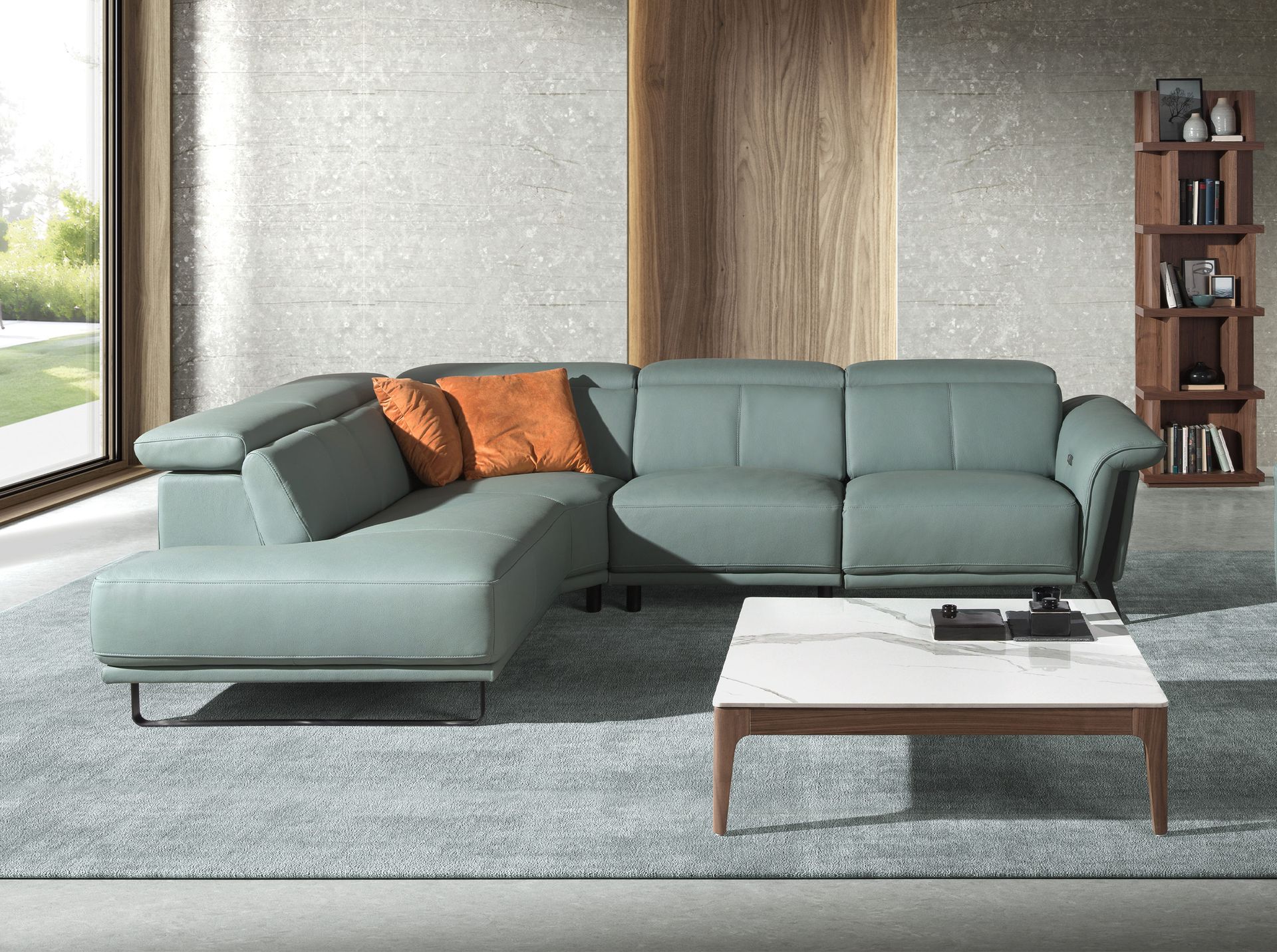 Угловой диван- реклайнер с левым шезлонгом 6251 из бирюзовой кожи Angel Cerda