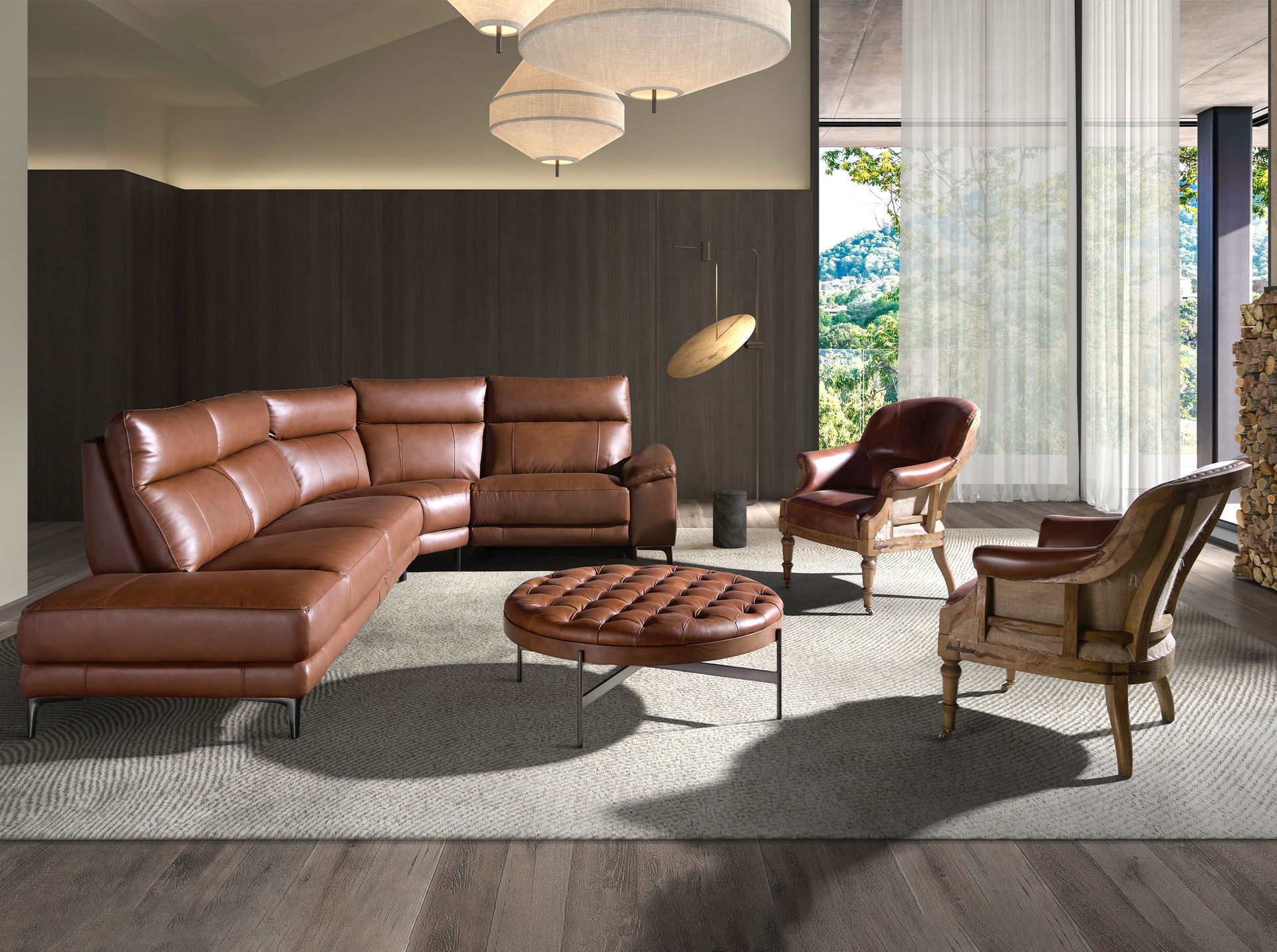 5-местный диван с левым шезлонгом 6216 из коричнево-табачной кожи Angel Cerda