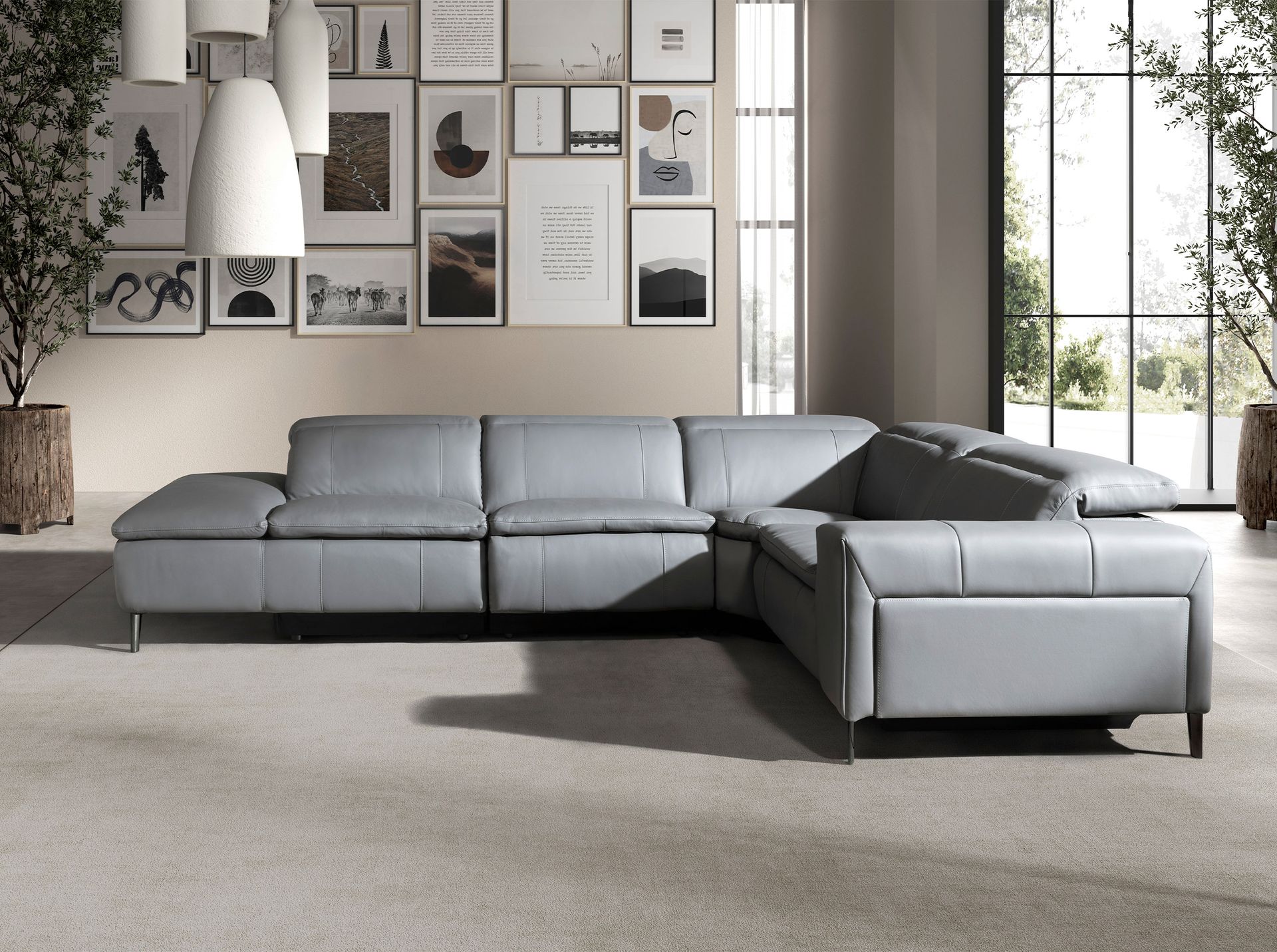 5-местный диван с реклайнером 6218 с левым шезлонгом из серой кожи Angel Cerda