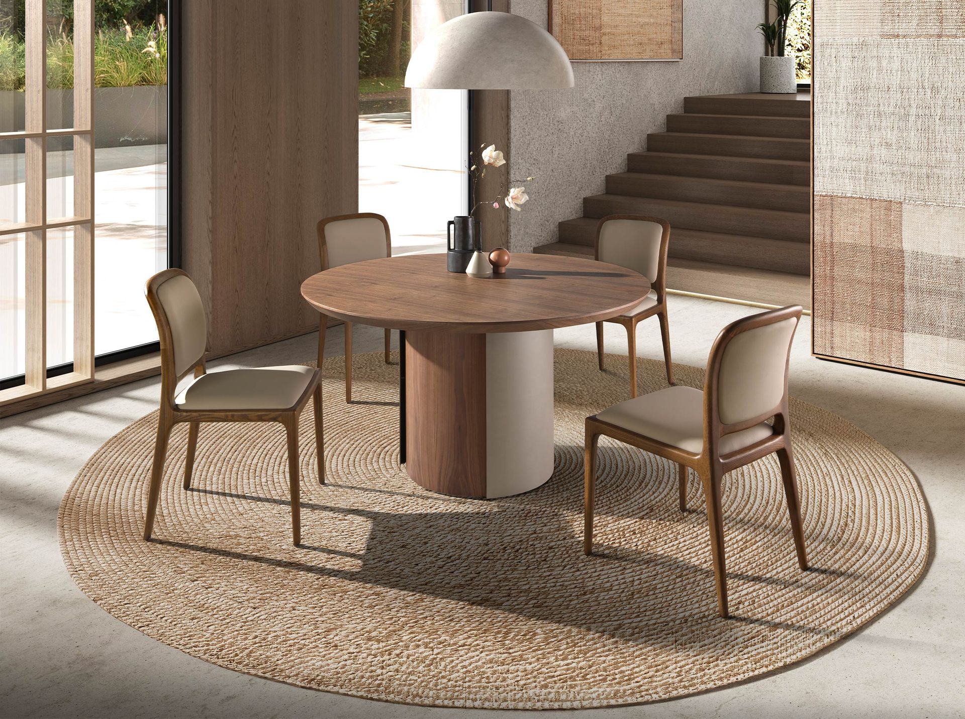 Круглый обеденный стол 1163 из ореха и стали песочного цвета Angel Cerda