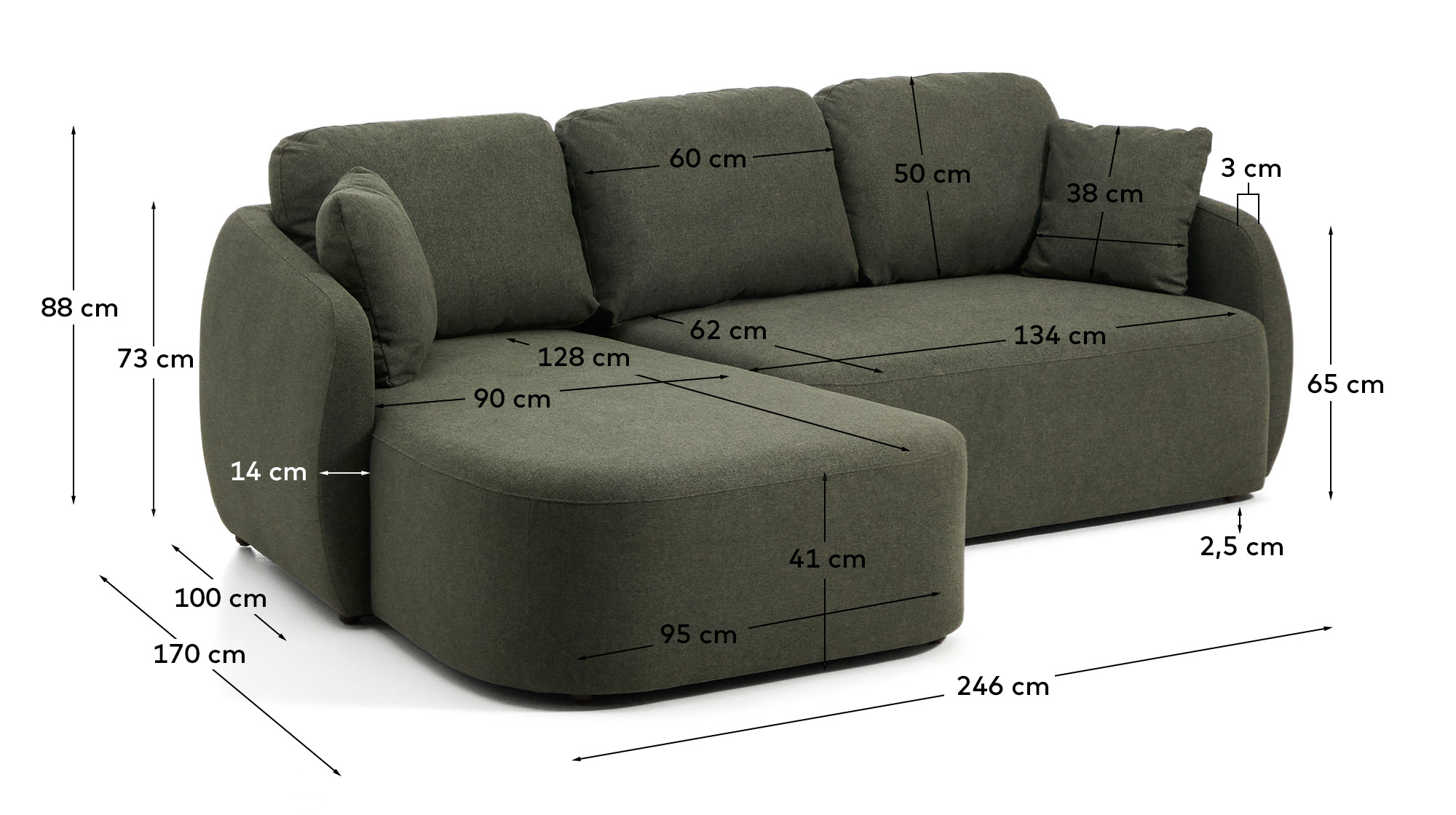 Трехместный диван-кровать Laira с левым шезлонгом из темно-зеленого шенилла 246  см La Forma 481941