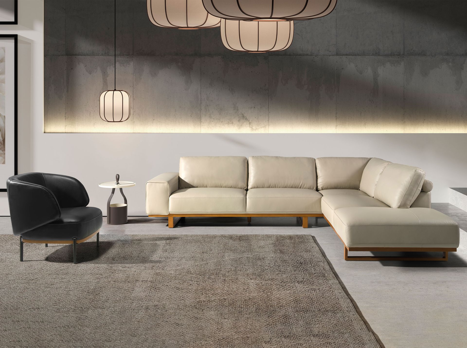 Угловой диван с правым шезлонгом 6203/5603-R-T541011 из песочной кожи Angel Cerda