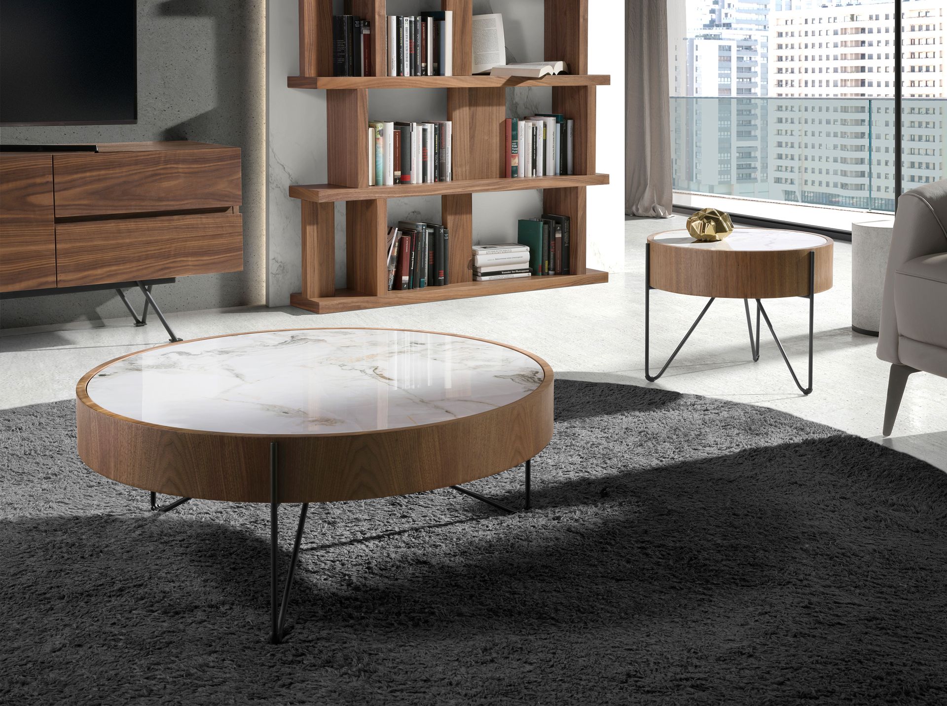 Круглый журнальный столик 2138/MH2303A из ореха и мраморной керамики Angel Cerda