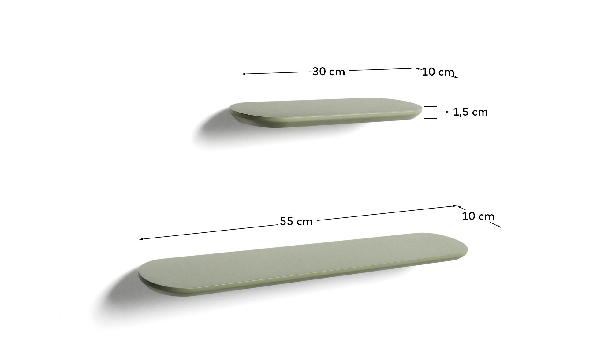 Комплект из 2 полок Arely из МДФ с зеленым лаковым покрытием, 35 см/55 см La Forma (ex Julia Grup)