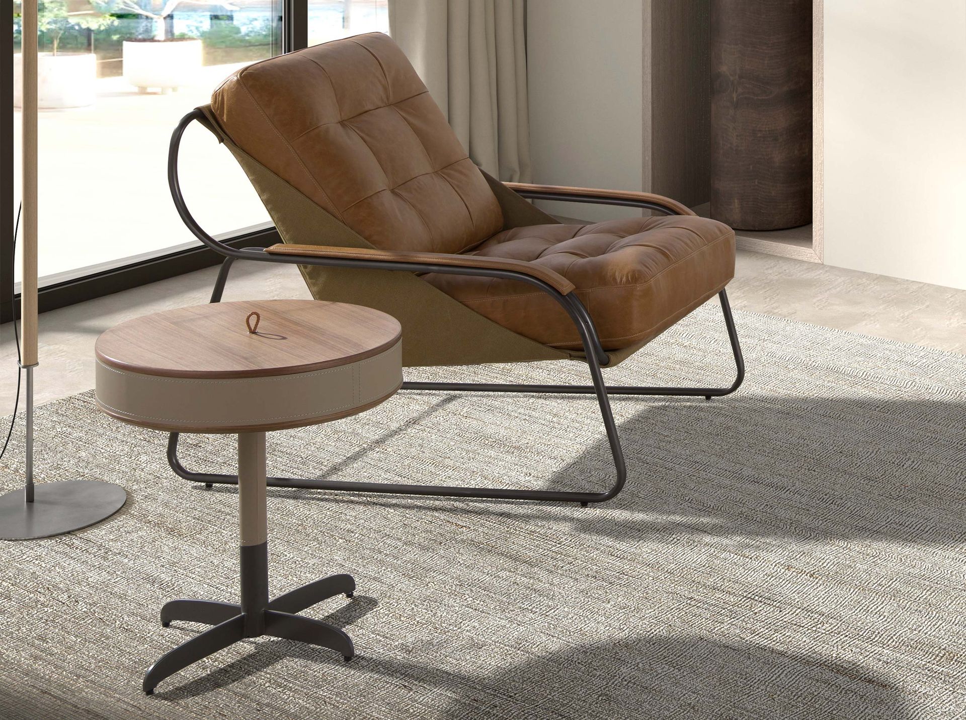 Круглый угловой стол 2156 из кожи, ореха и серой стали Angel Cerda