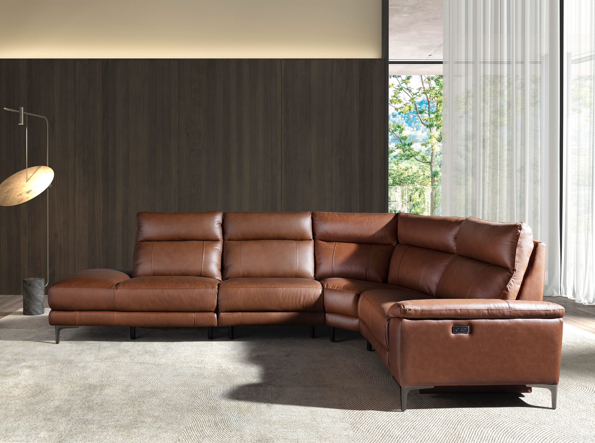 5-местный диван с левым шезлонгом 6216 из коричнево-табачной кожи Angel Cerda