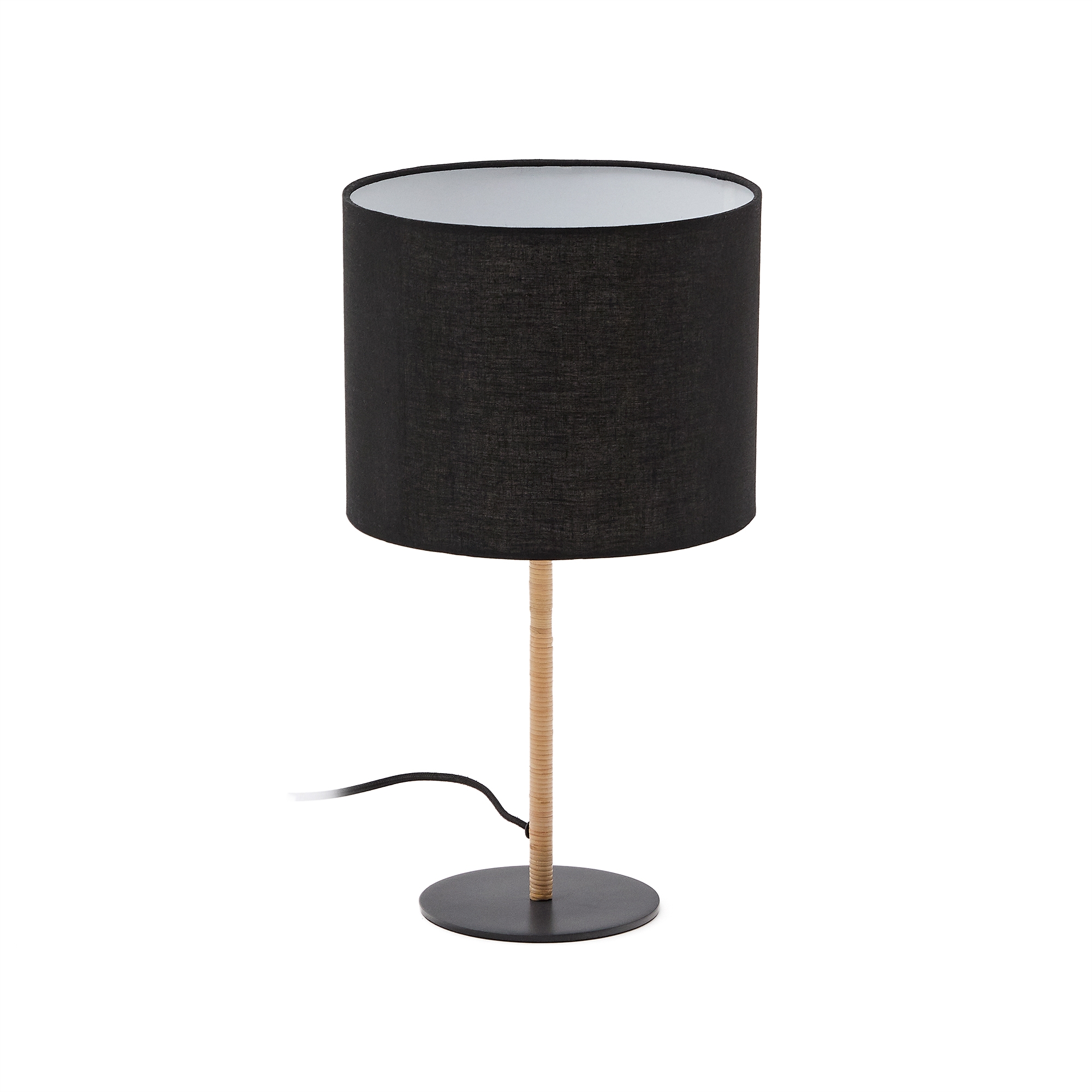 Настольная лампа Pina из металла и ротанга с черным хлопковым абажуром La Forma 193296