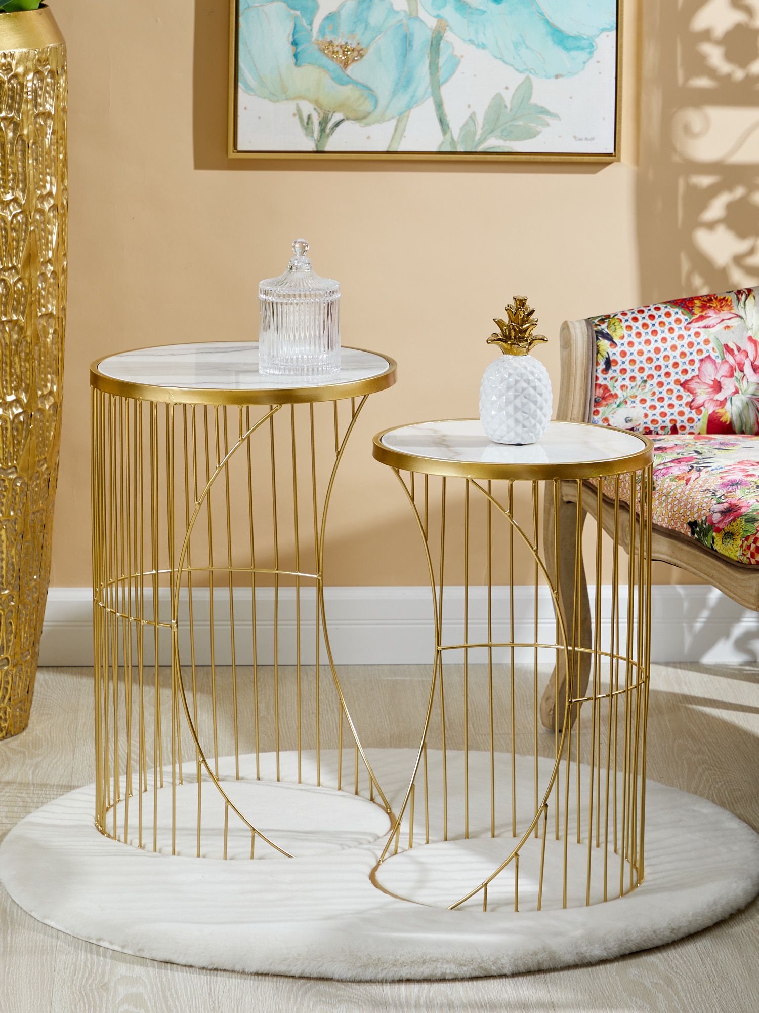 Столики интерьерные с белым мрамором, набор Glasar 54-055/054