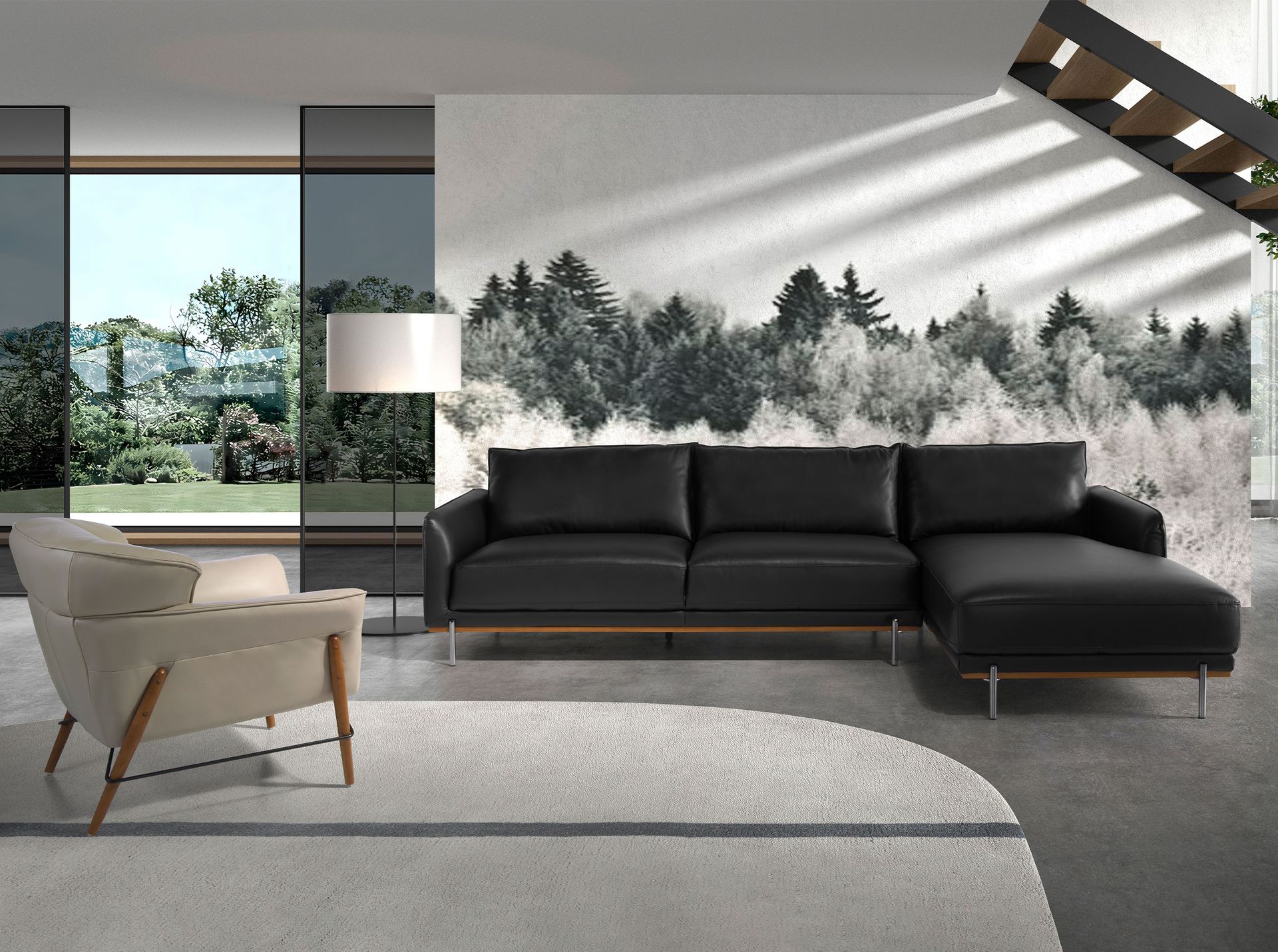 Угловой диван с правым шезлонгом 6197/5607-R-T541040 черная кожа Angel Cerda