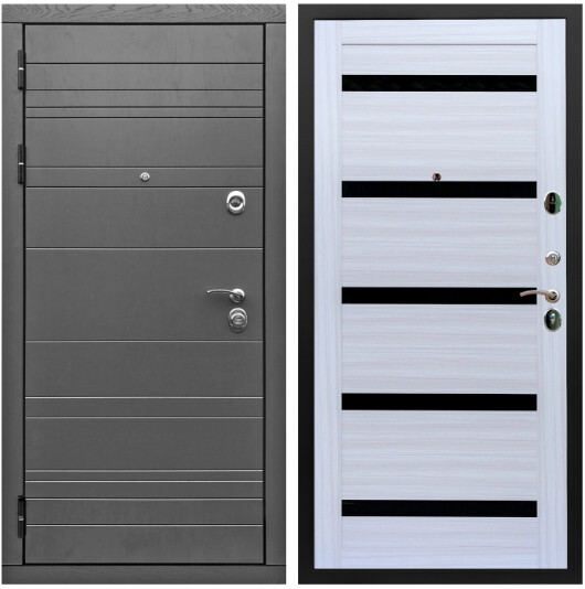 Дверь входная Graf Роял Вуд МДФ 10 мм Роял Вуд графит / МДФ 16 мм СБ-14 Сандал белый стекло черное