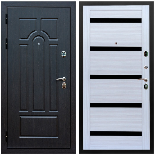 Дверь входная Graf Эврика МДФ 10 мм ФЛ-58 Венге / МДФ 16 мм СБ-14 Сандал белый стекло черное