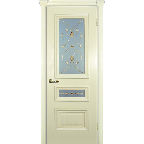 Межкомнатная дверь Graf Фрейм 05 Белое, пленочный витраж рис. Калипсо (Два стекла) Ясень Слоновая кость (2000 х 700)