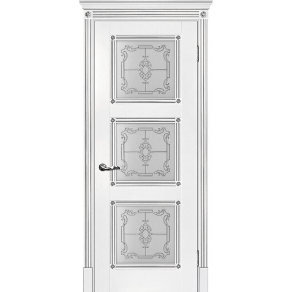 Межкомнатная дверь Graf Флоренция-4 Сатинат, контурный полимер серебро белый, патина серебро (2000 х 600)