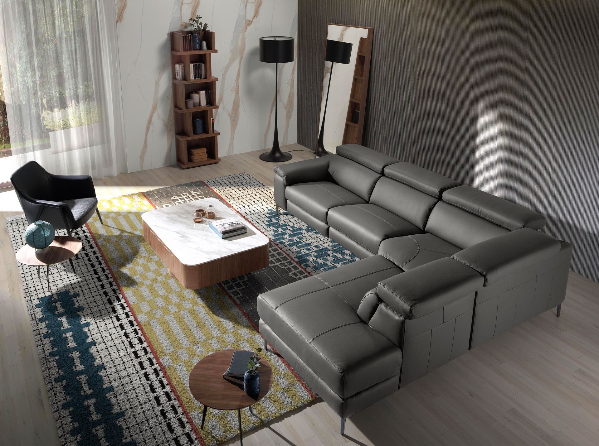 Угловой диван с реклайнером 5320-R-M9019 /6111 серый кожаный Angel Cerda