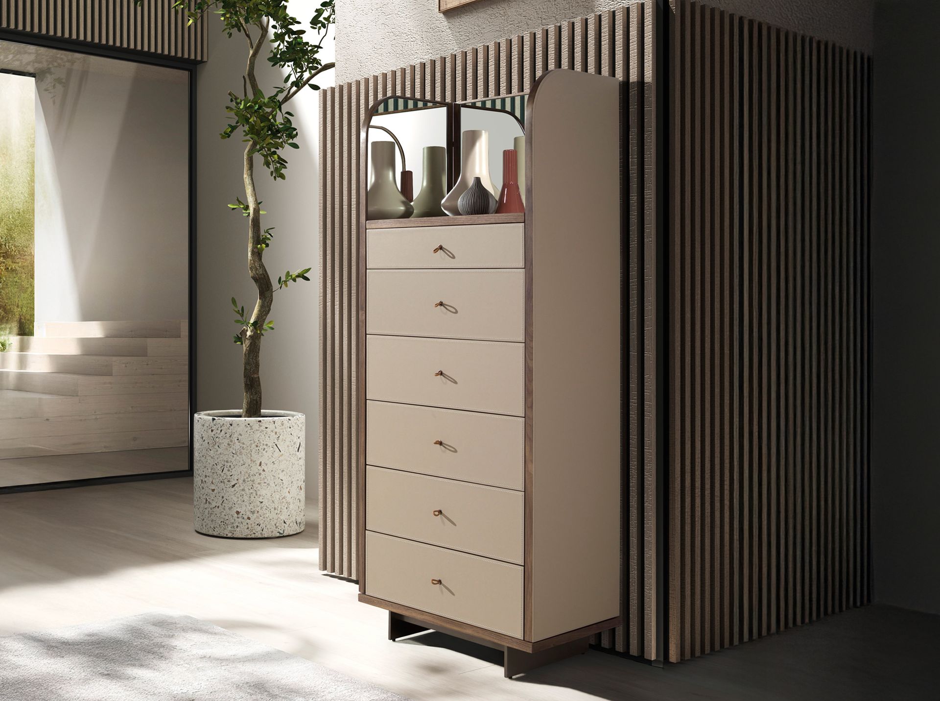 Шифоньер 7206 из кожи, ореха и полированной стали с зеркалом Angel Cerda