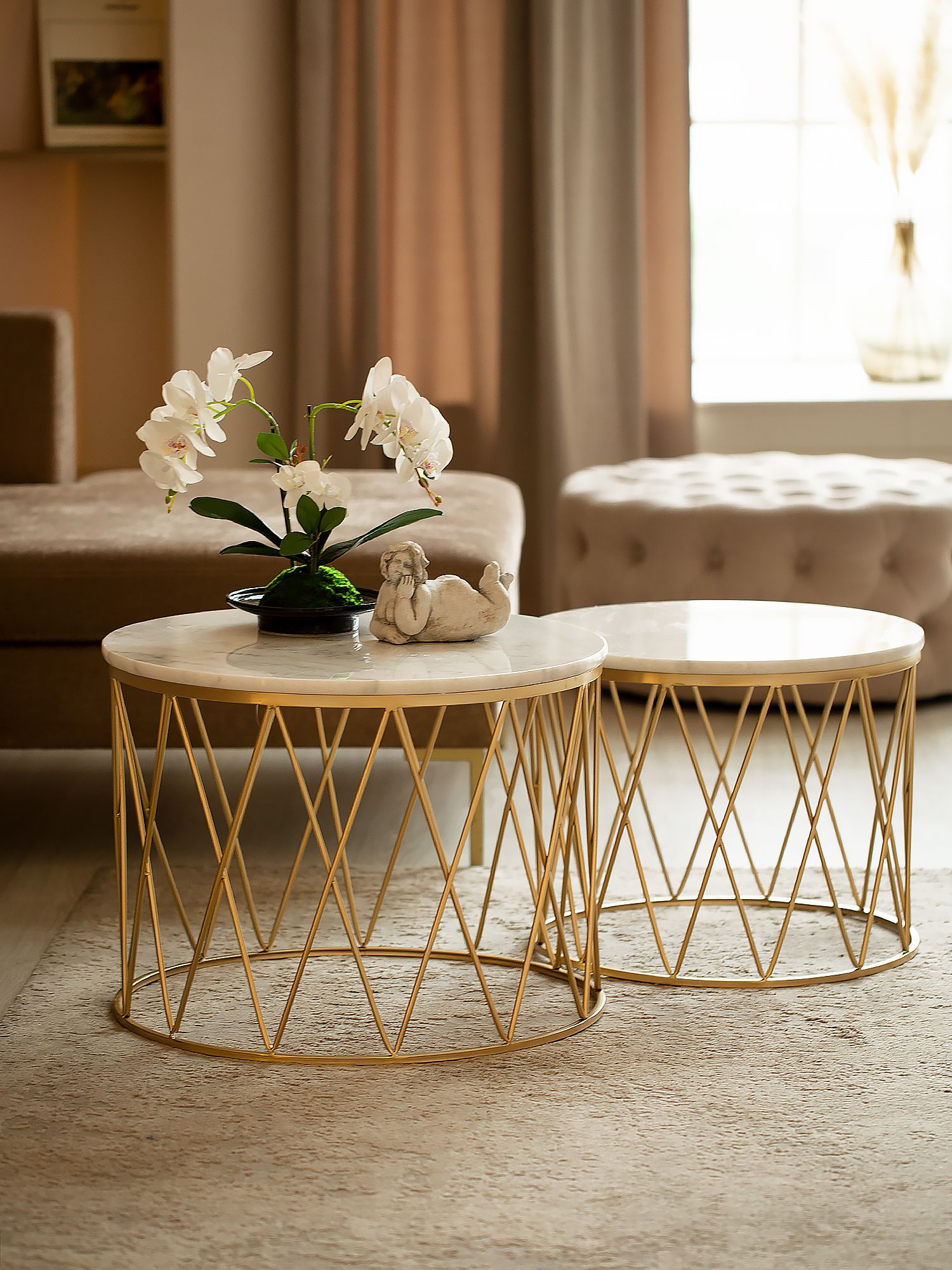 Столики журнальные с белым мрамором, набор, Glasar 54-151/150