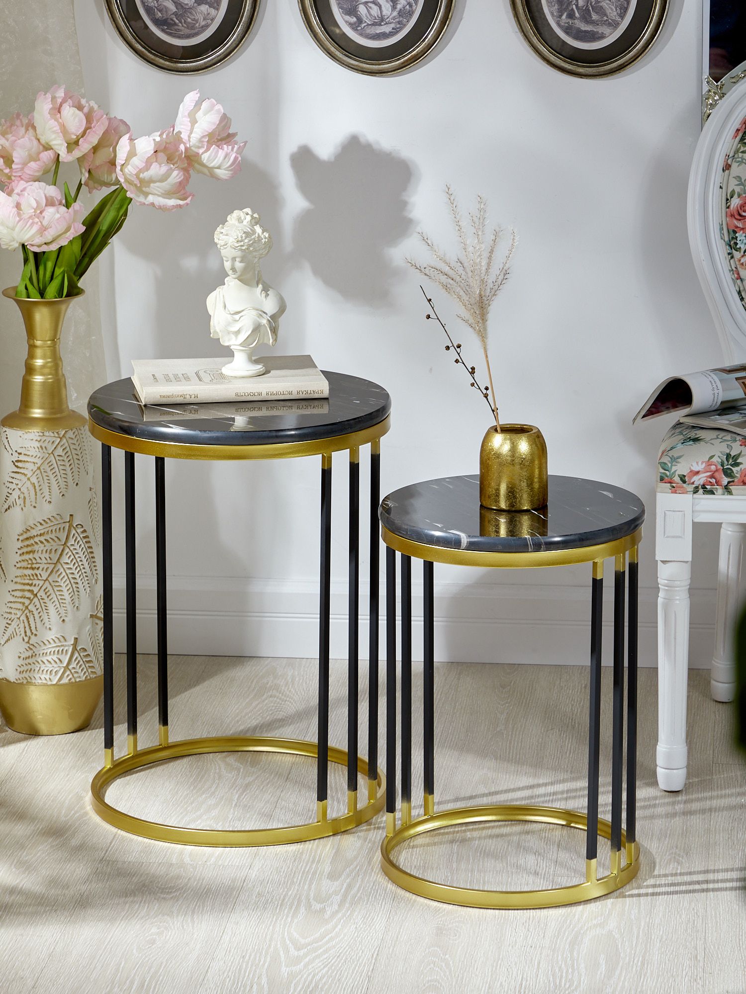 Столики интерьерные с черным мрамором, набор Glasar 54-272/271