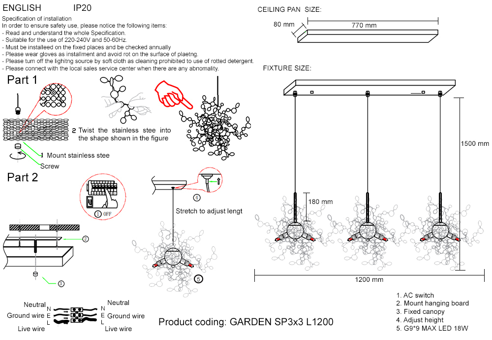 Светильник подвесной Crystal Lux GARDEN SP3х3 L1200 GOLD
