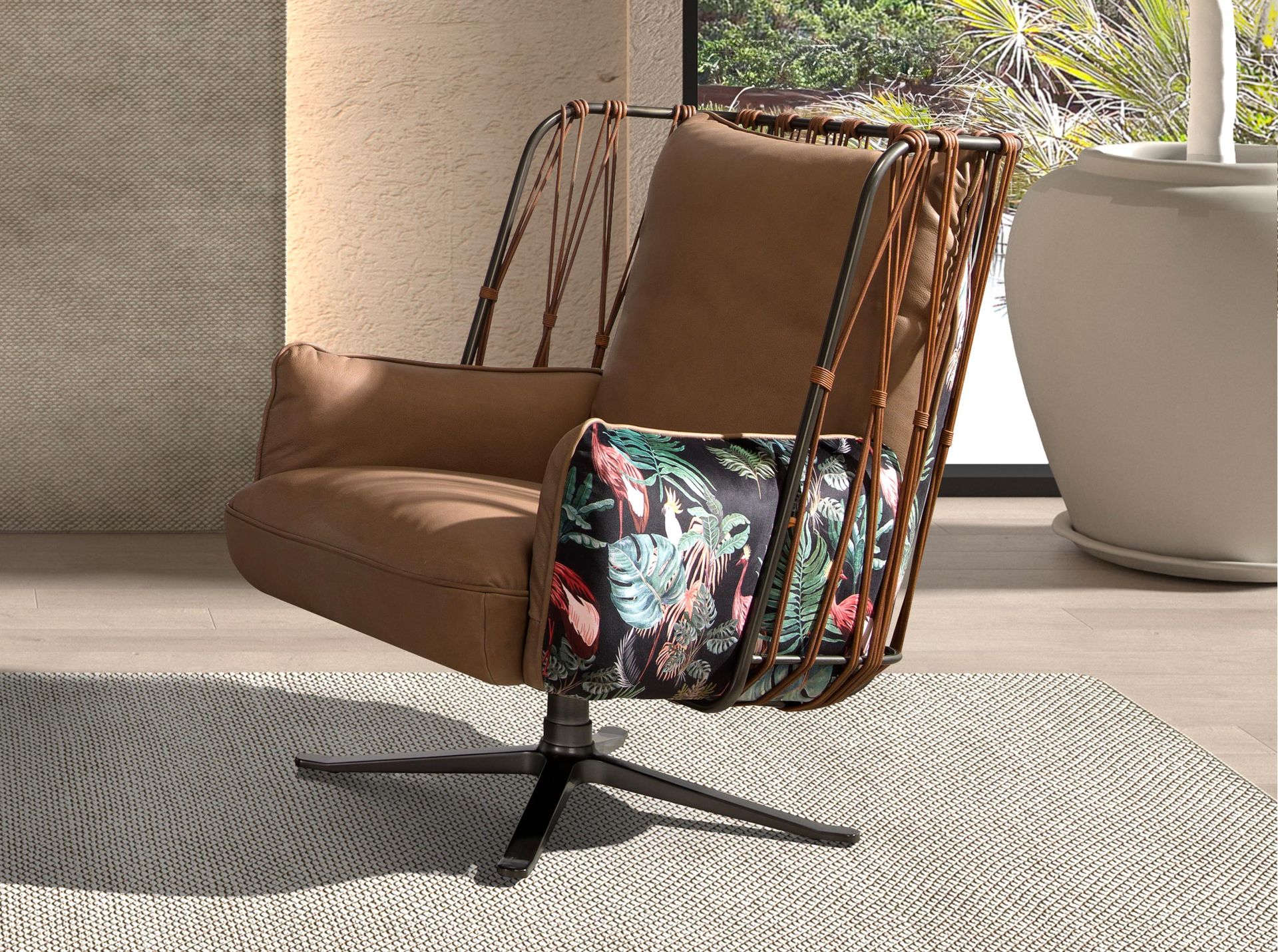 Кресло поворотное 5168 из коричневой кожи и ткани с коричневым принтом Angel Cerda