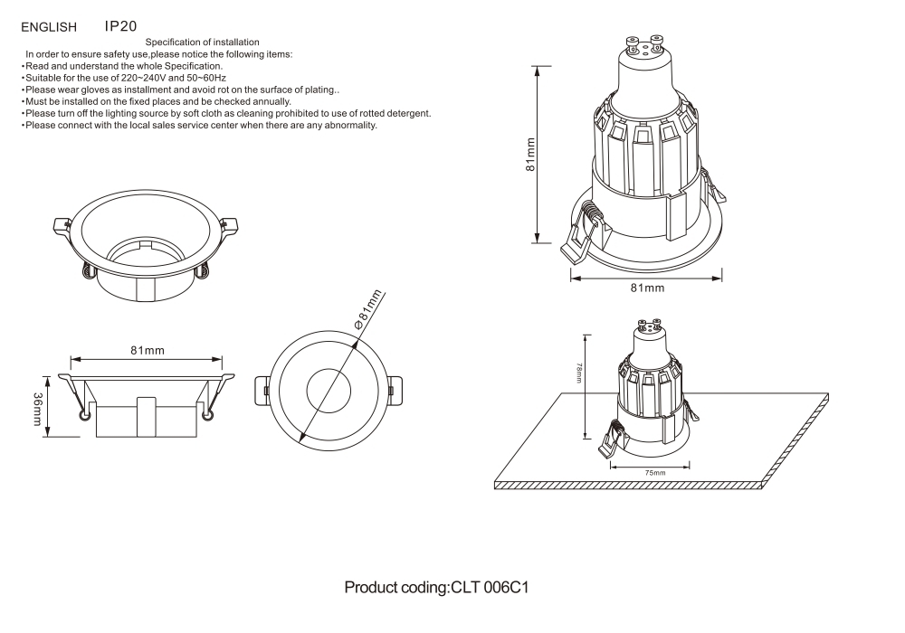 Светильник встроенный Crystal Lux CLT 006C1 BL