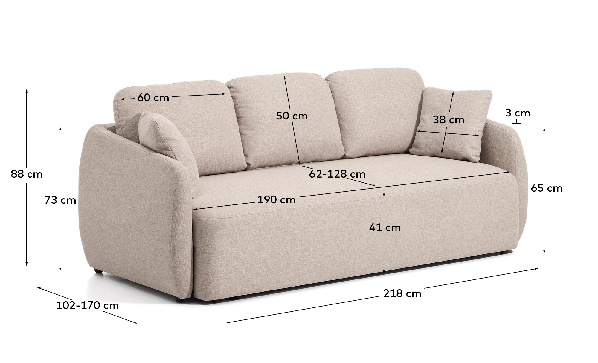 Трехместный диван-кровать Laira из бежевого шенилла, 218 см La Forma 441125