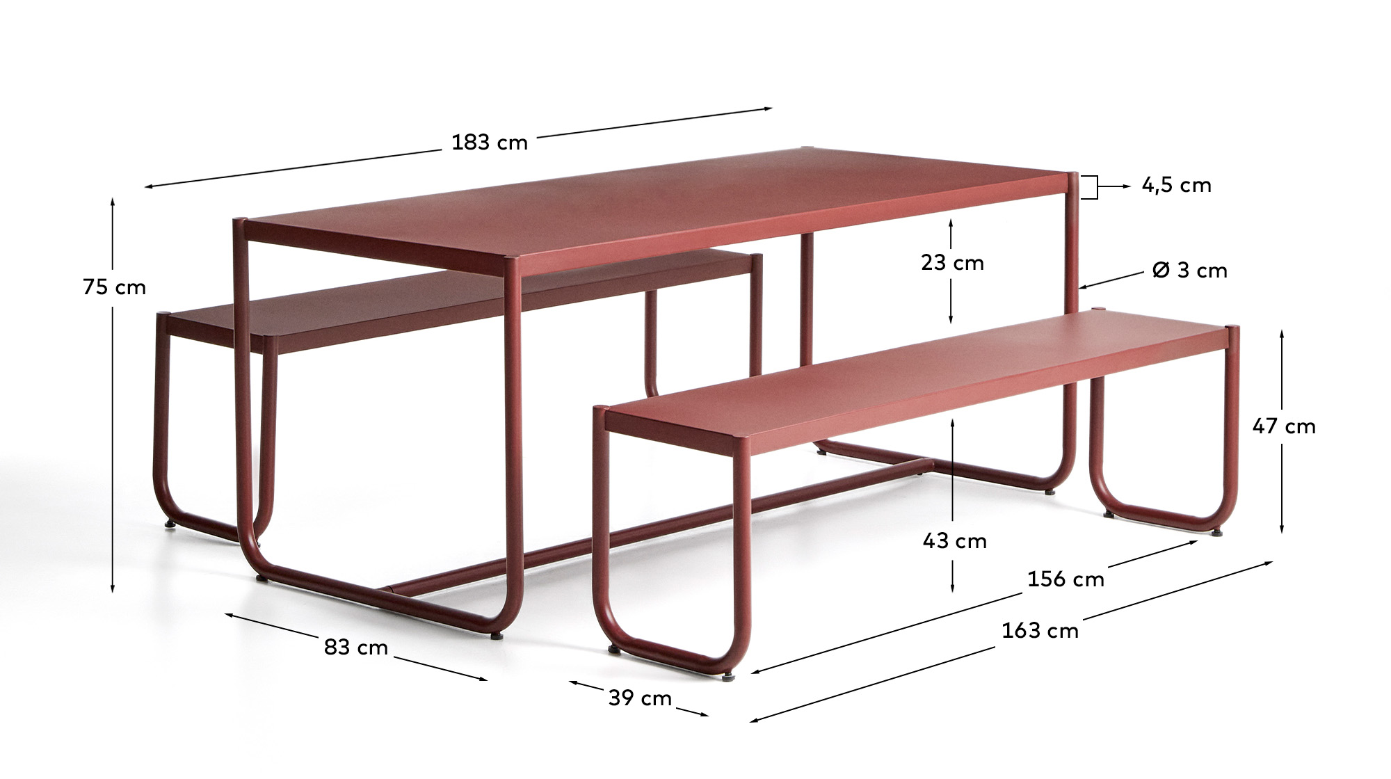 Комплект Sotil из 2 скамеек и стола из стали с гранатовой отделкой 183 x 83 cm La Forma 481283