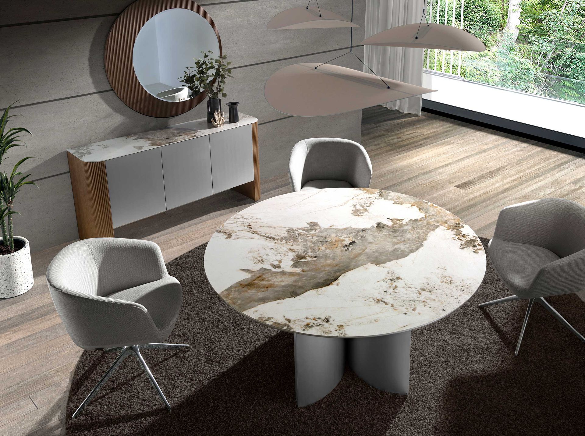 Обеденный стол 1148/RT23067 из серебристого дерева, ореха и керамики с мраморной отделкой Angel Cerda