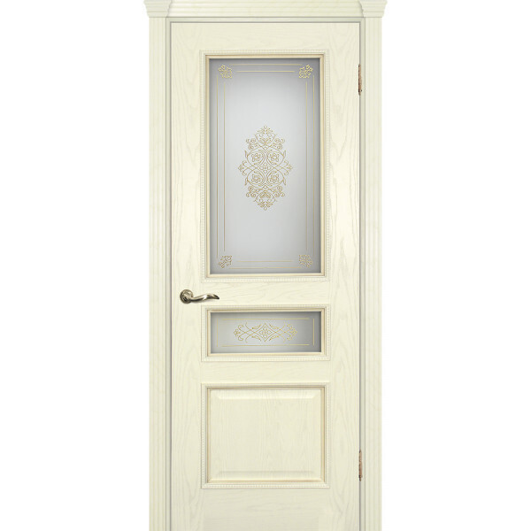 Межкомнатная дверь Graf Фрейм 03 Белое, контурный витраж золото рис. №2 (два стекла) Ясень Бисквит (2000 х 700)