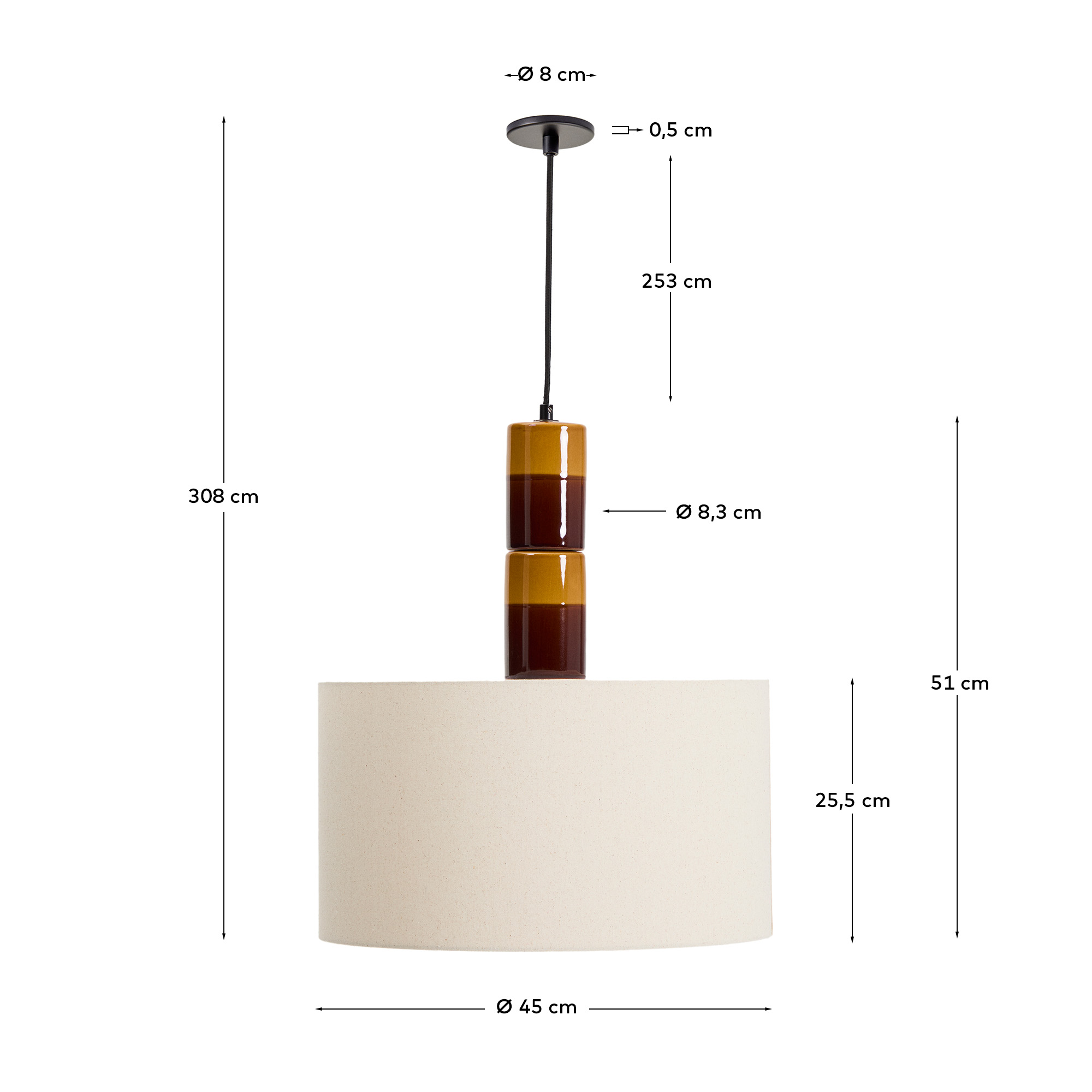 Подвесной светильник Mavran из коричневой керамики с хлопковым абажуром La Forma (ex Julia Grup)