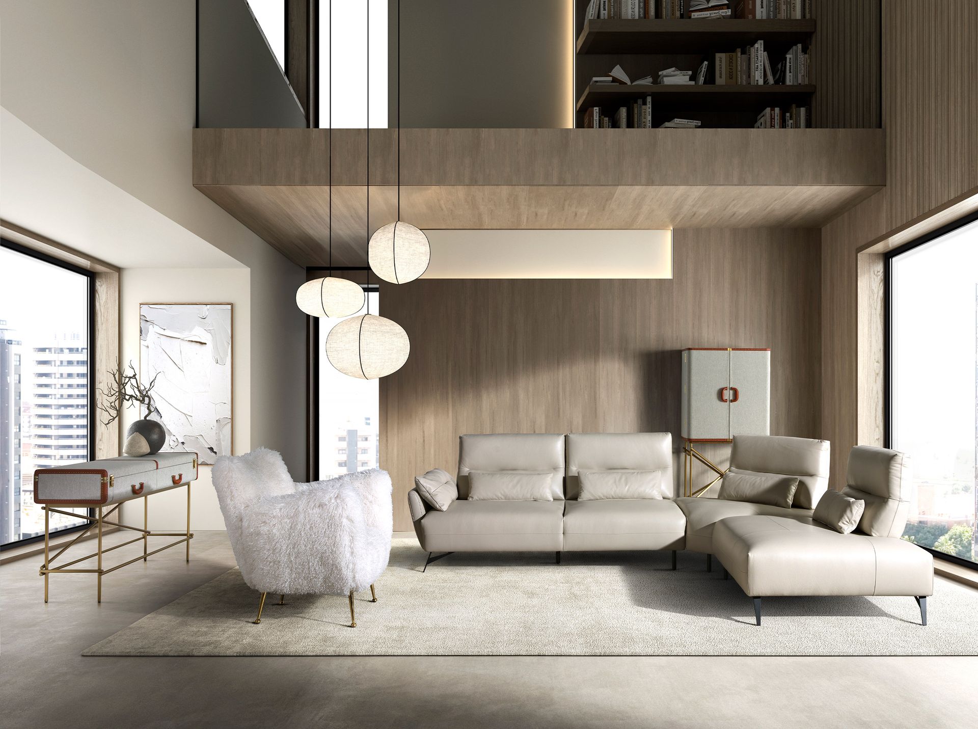 5-местный диван с реклайнером 6213 с правым шезлонгом из песочной кожи Angel Cerda