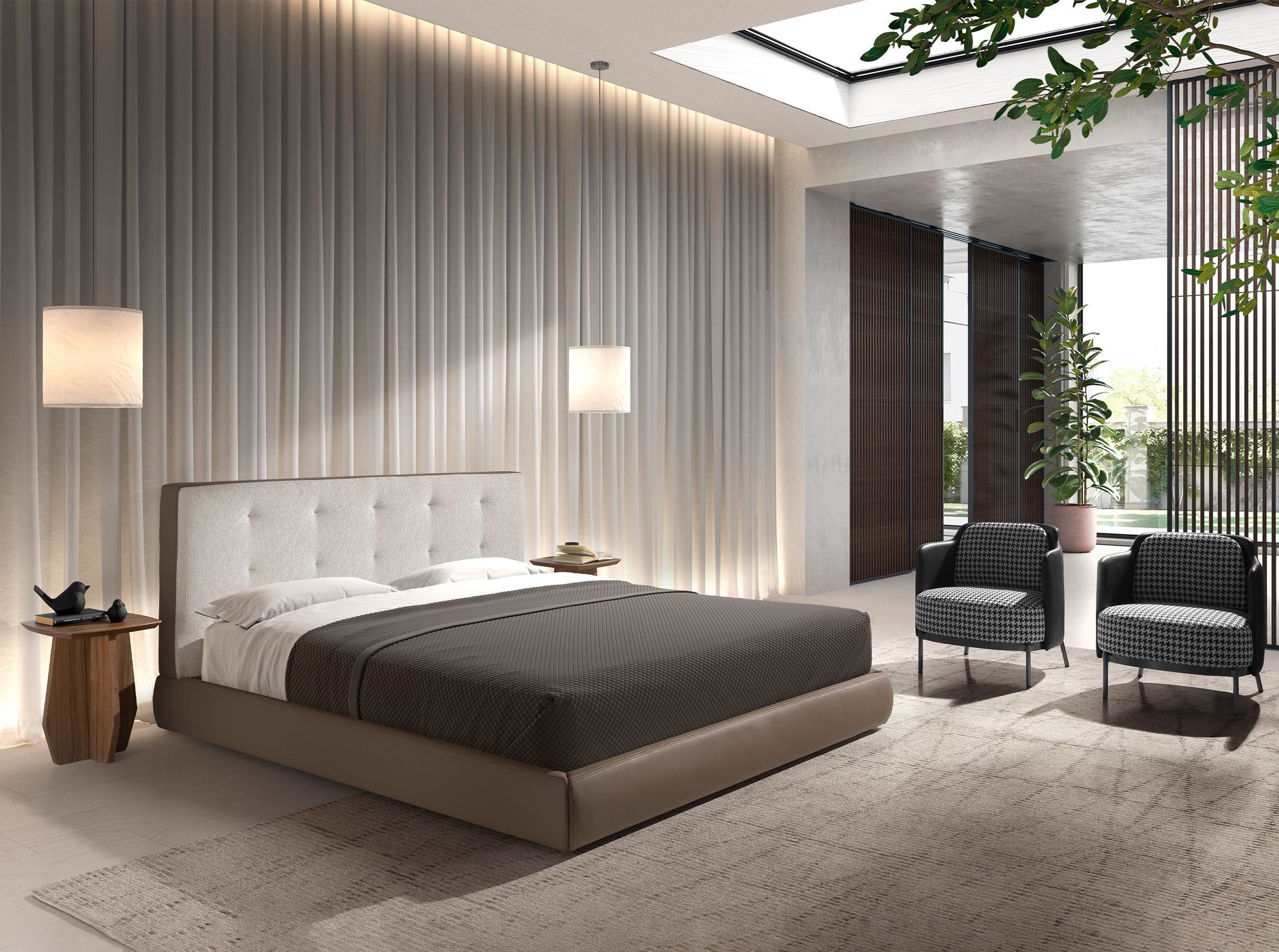 Кровать 7174 с обивкой из коричневой ткани и коричневой эко-кожи 180x200 см Angel Cerda