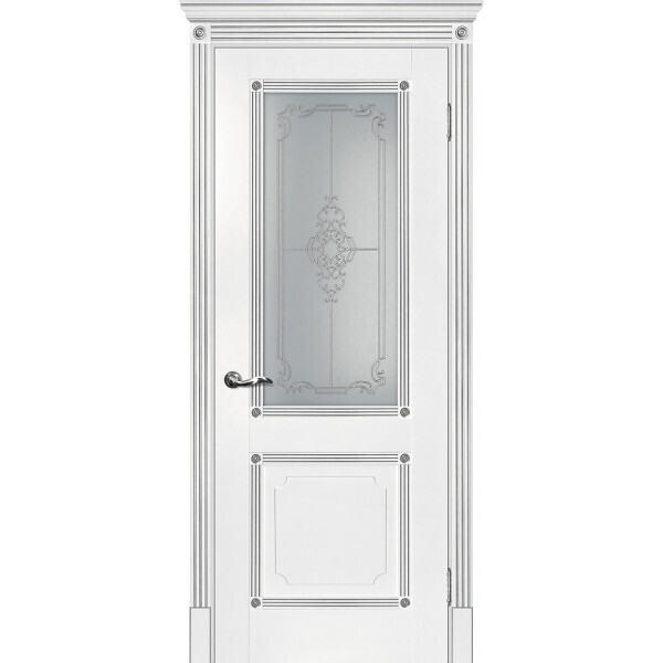 Межкомнатная дверь Graf Флоренция-2 Сатинат, контурный полимер серебро белый, патина серебро (2000 х 900)