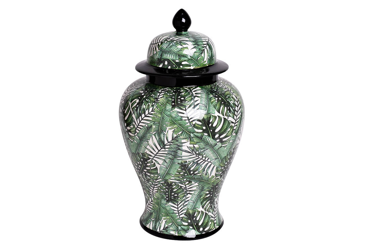 Ваза керамическая с крышкой бело-зеленая (принт "Листья) Garda Decor 55RD3112L