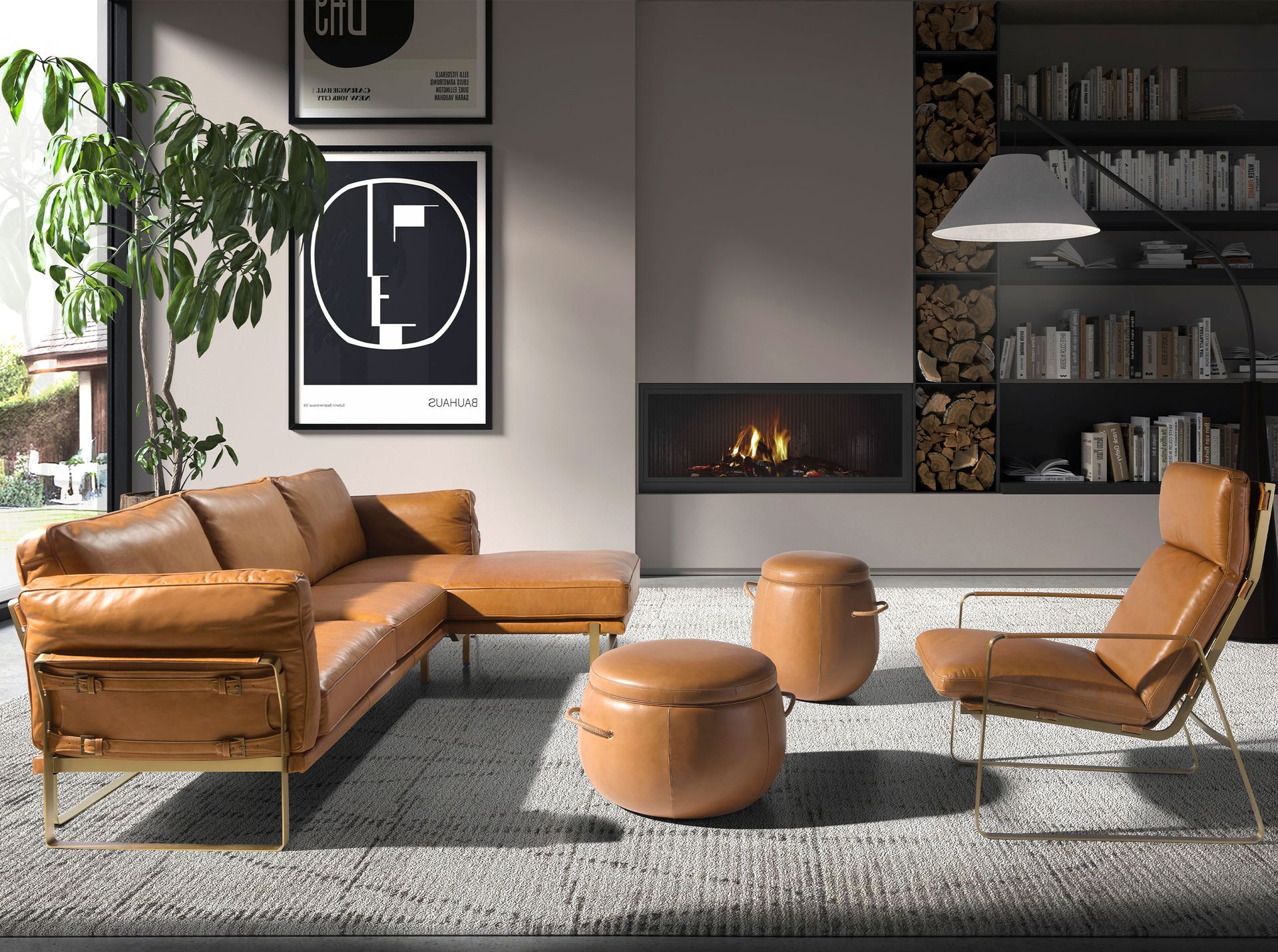 5-местный диван с правым шезлонгом из кожи цвета Camel 6232 Angel Cerda