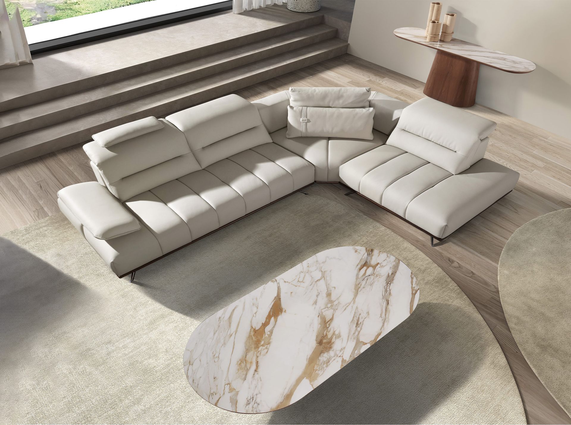 Угловой диван с правым шезлонгом 6244 из светло-серой кожи Angel Cerda