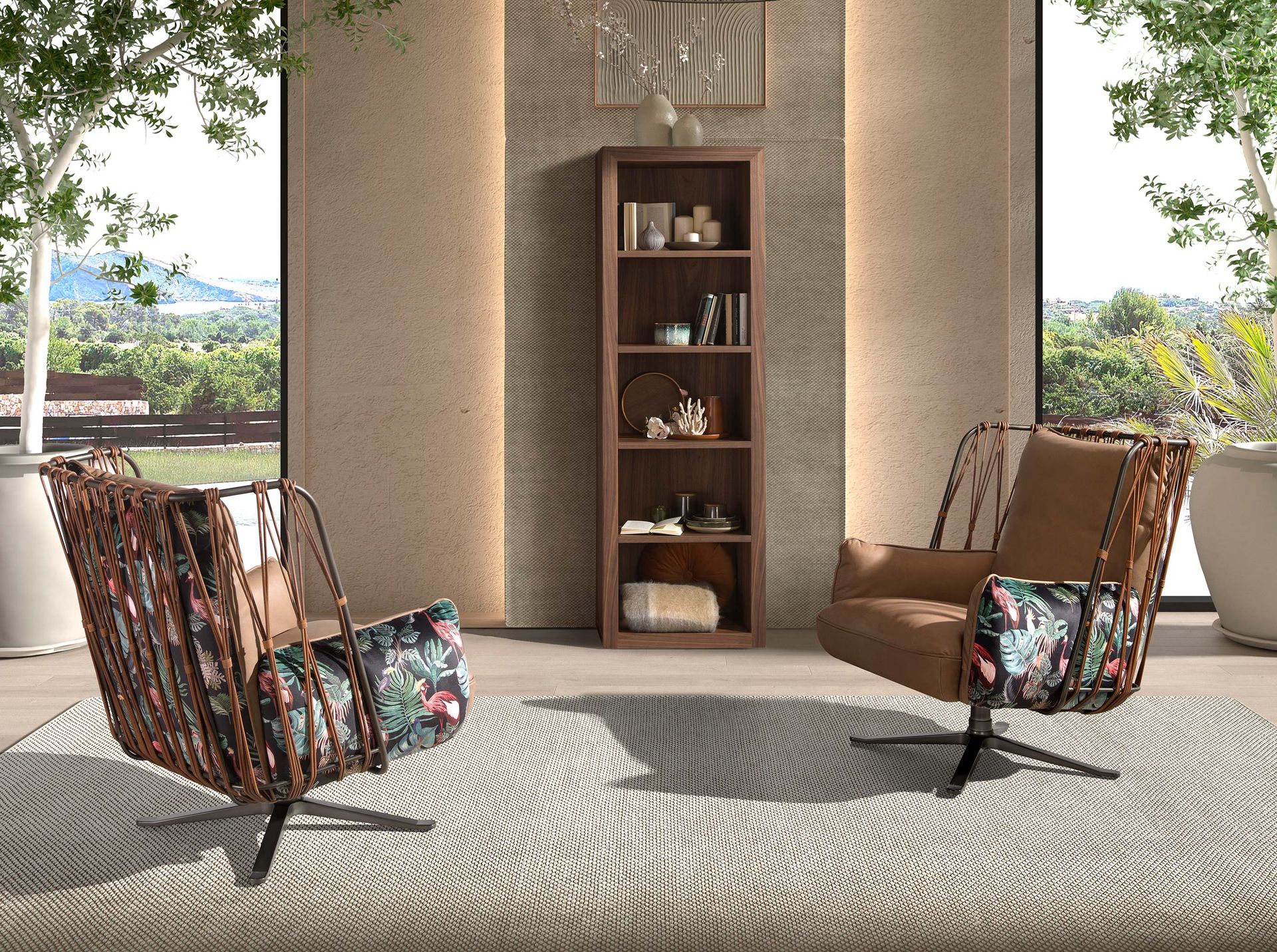 Кресло поворотное 5168 из коричневой кожи и ткани с коричневым принтом Angel Cerda