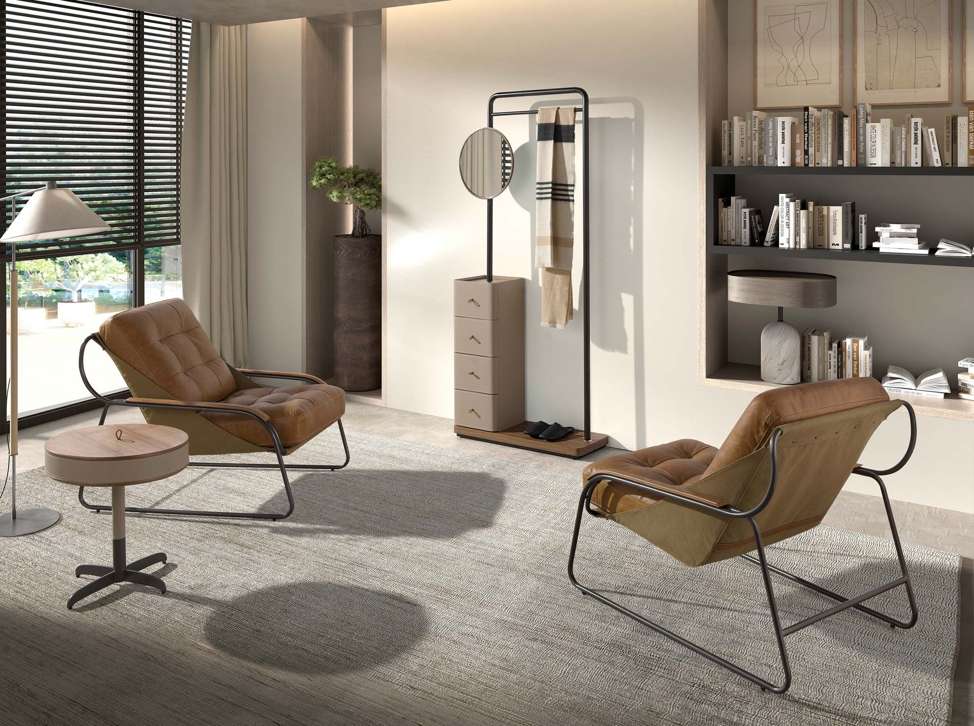 Вешалка для одежды 3281 из кожи, ореха и черной стали с зеркалом Angel Cerda