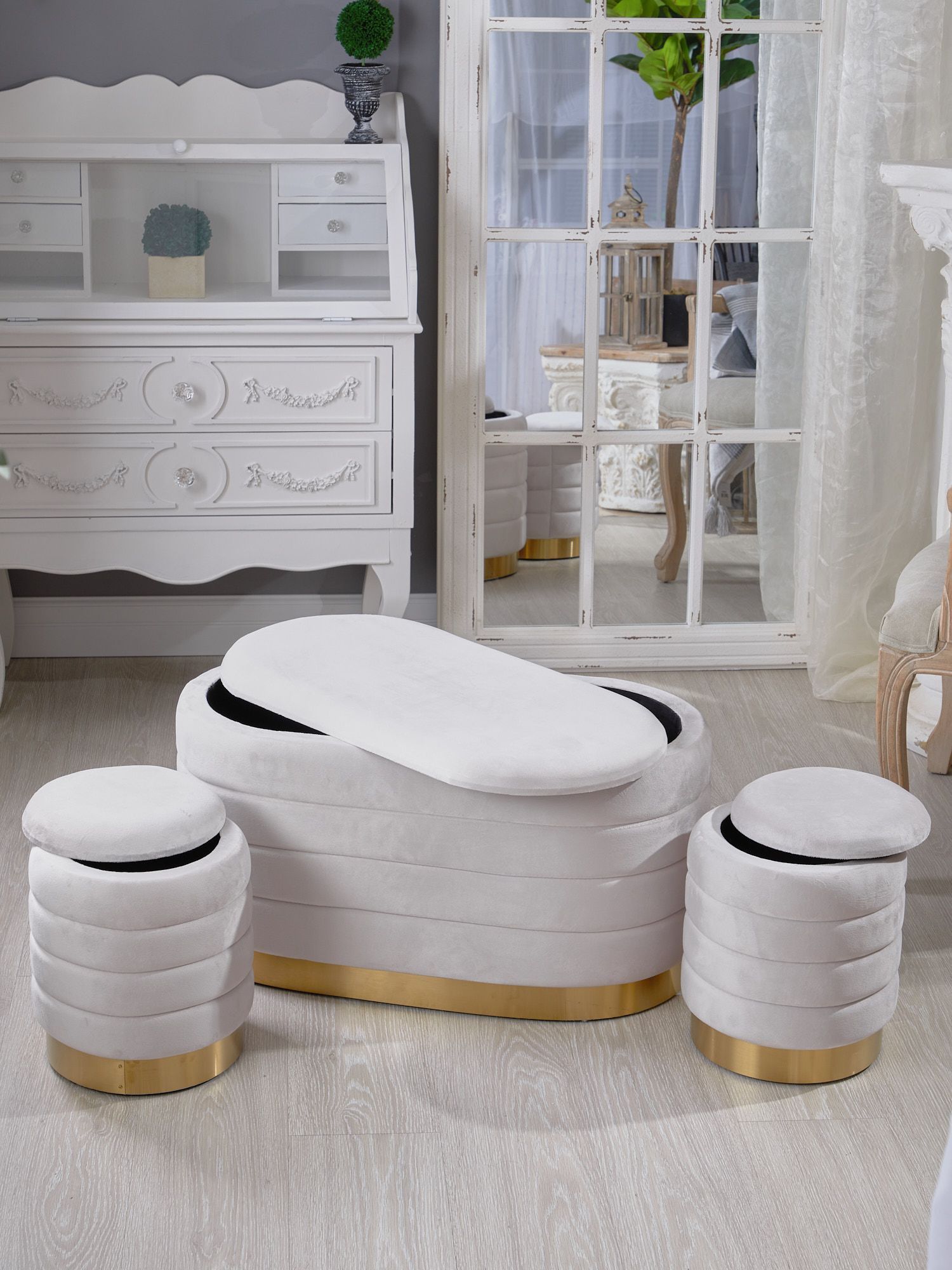 Банкетка и пуфы с крышками, набор Glasar 49-338/BM