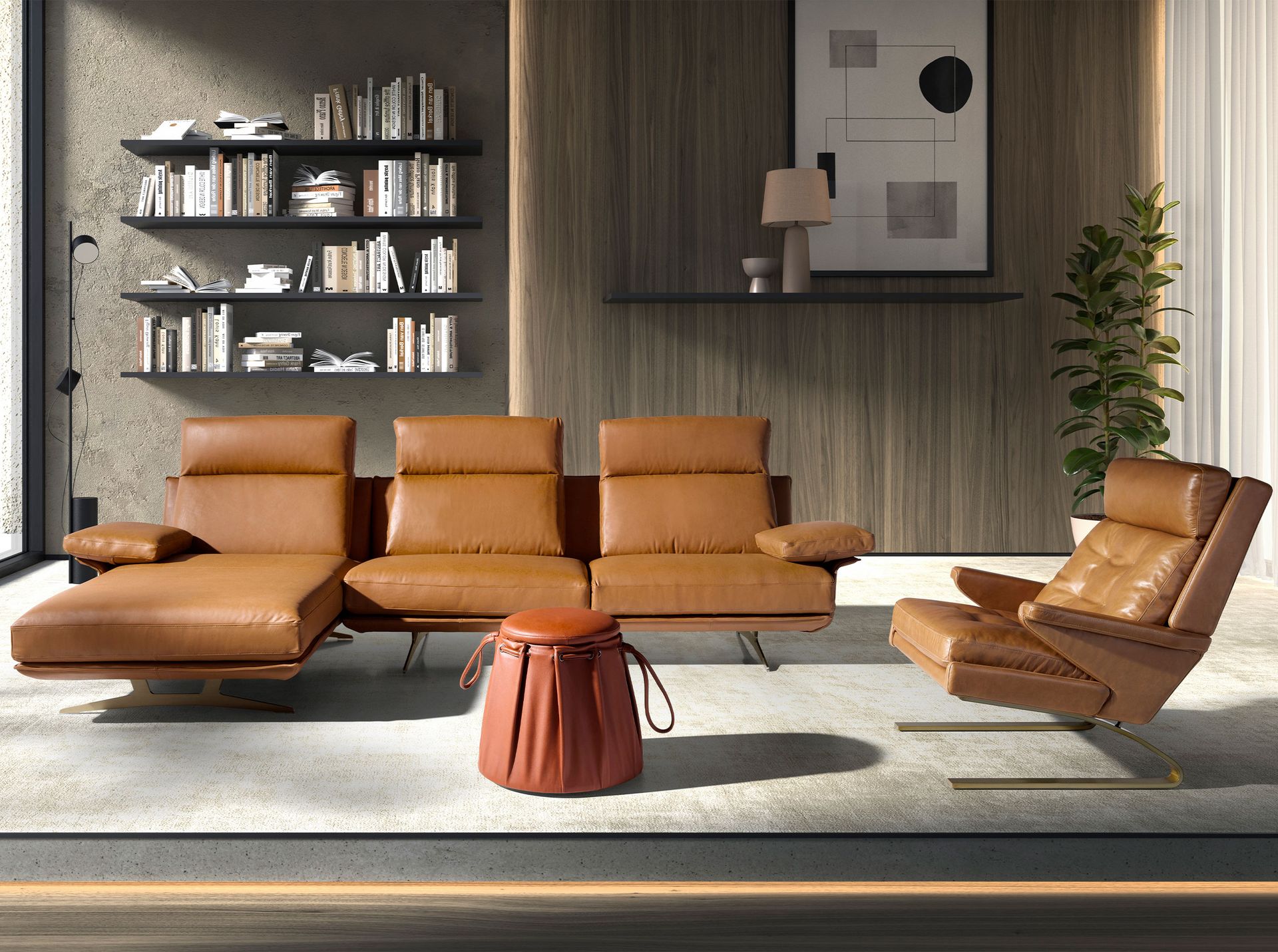 5-местный диван с левым шезлонгом 6226 из терракотово-коричневой кожи Angel Cerda