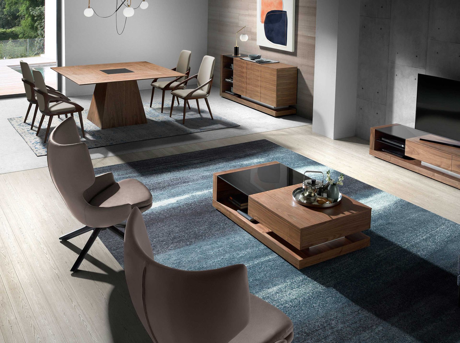 Квадратный обеденный стол MI1412 /1079 из ореха со вставкой из черного стекла Angel Cerda