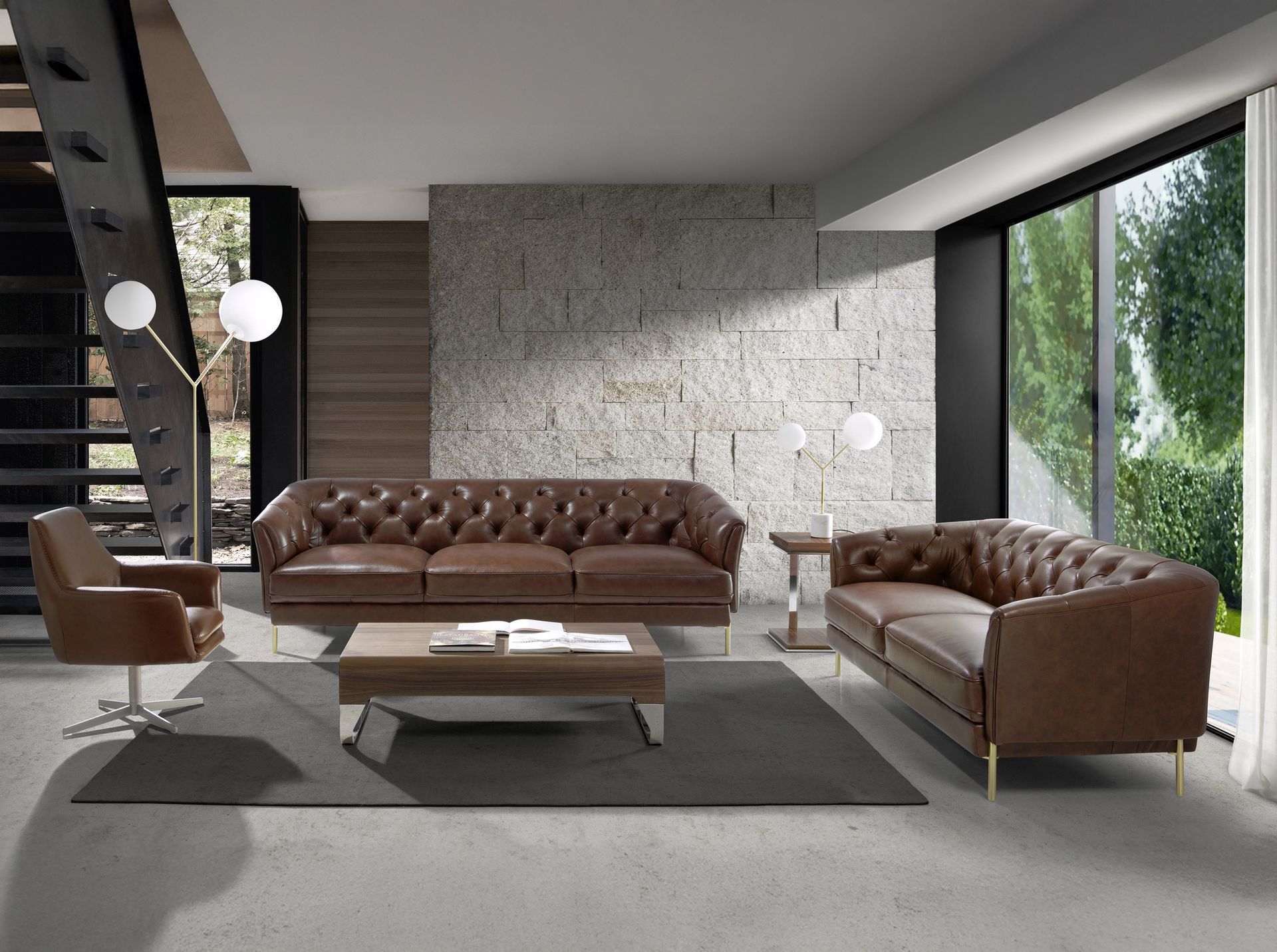 Диван 3-х местный 6140/KF106-3P-M1595 кожаный с золотистыми стальными ножками Angel Cerda