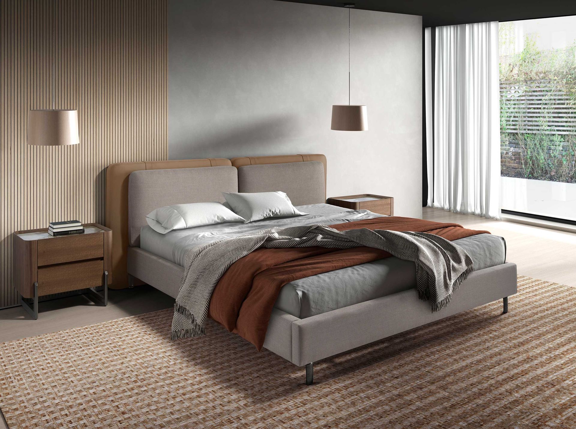 Кровать 7154/GC2220 из экокожи цвета норки и серой ткани Angel Cerda