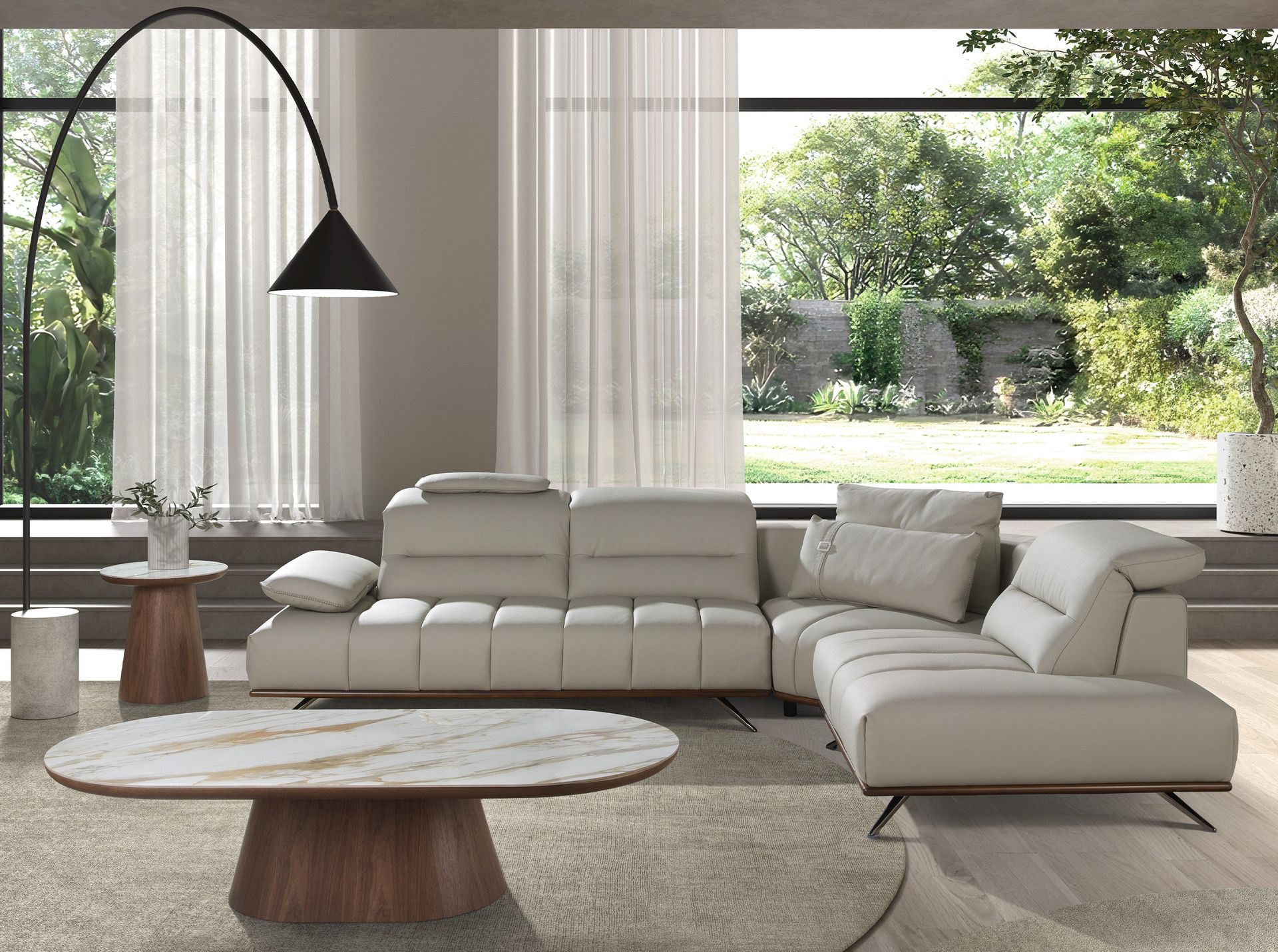 Угловой диван с правым шезлонгом 6244 из светло-серой кожи Angel Cerda