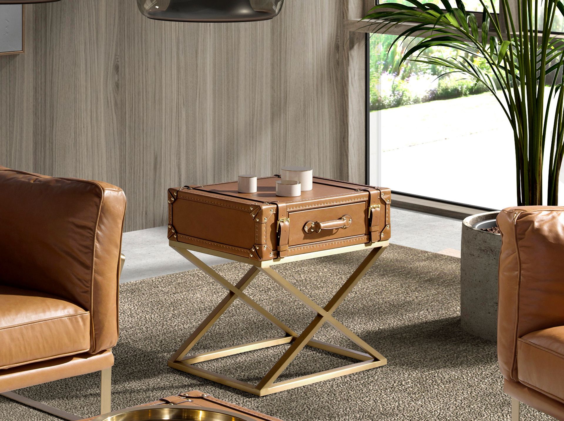 Прямоугольный угловой столик из кожи и золотистой стали 2148 Angel Cerda